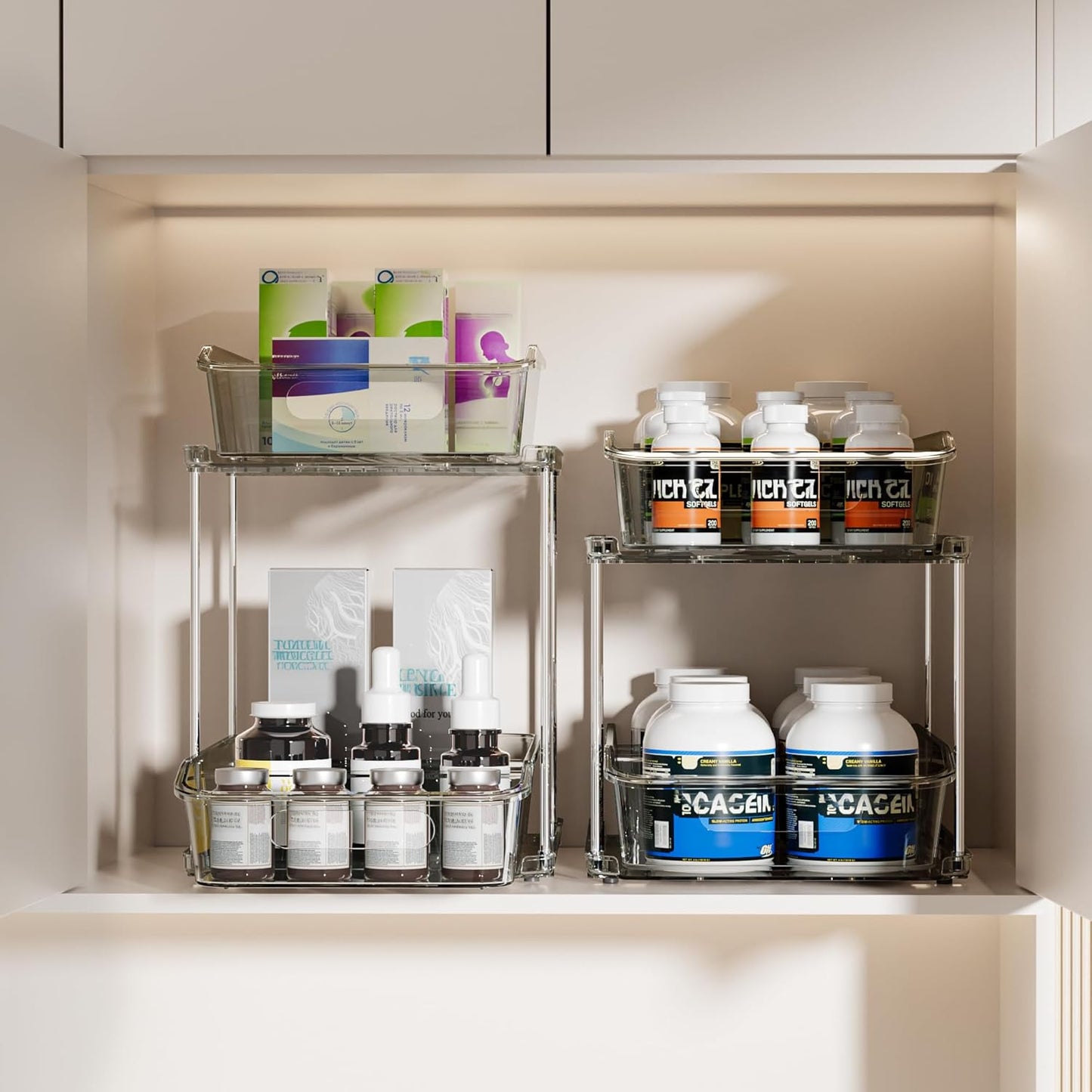 2 Sets of 2-Tier Clear under Sink Organizers and Storage, Multi-Purpose Stackable Bathroom Cabinet Organizers, Grey