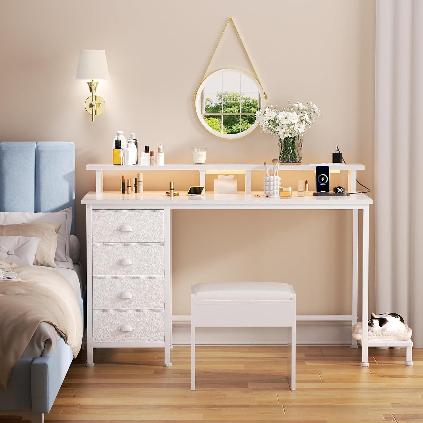 47" White Computer Desk with 4 Fabric Drawers & Monitor Stand, Gaming Desk with Power Outlets - LED Lights, Home Office Space-Saving Study Table for Bedroom Small Spaces