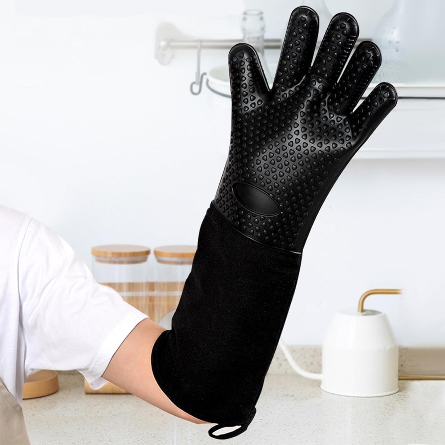 1 Pair 19.7 Inch Extra Long Silicone Oven Mitts, Heat Resistant Oven Gloves with Quilted Liner Non-Slip Textured Grip Perfect for BBQ, Baking, Cooking and Grilling (Black)