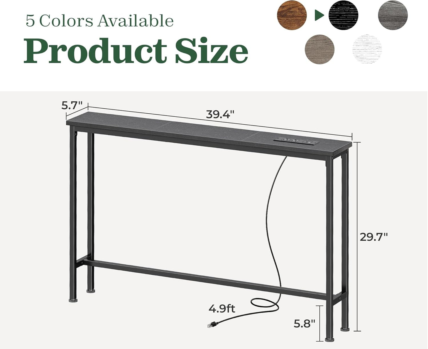 5.9-Inch Console Table with Integrated Outlet, Metal Frame Sofa Table for Living Room, Dimensions: 5.9 x 39.4 x 29.1 Inches, Black