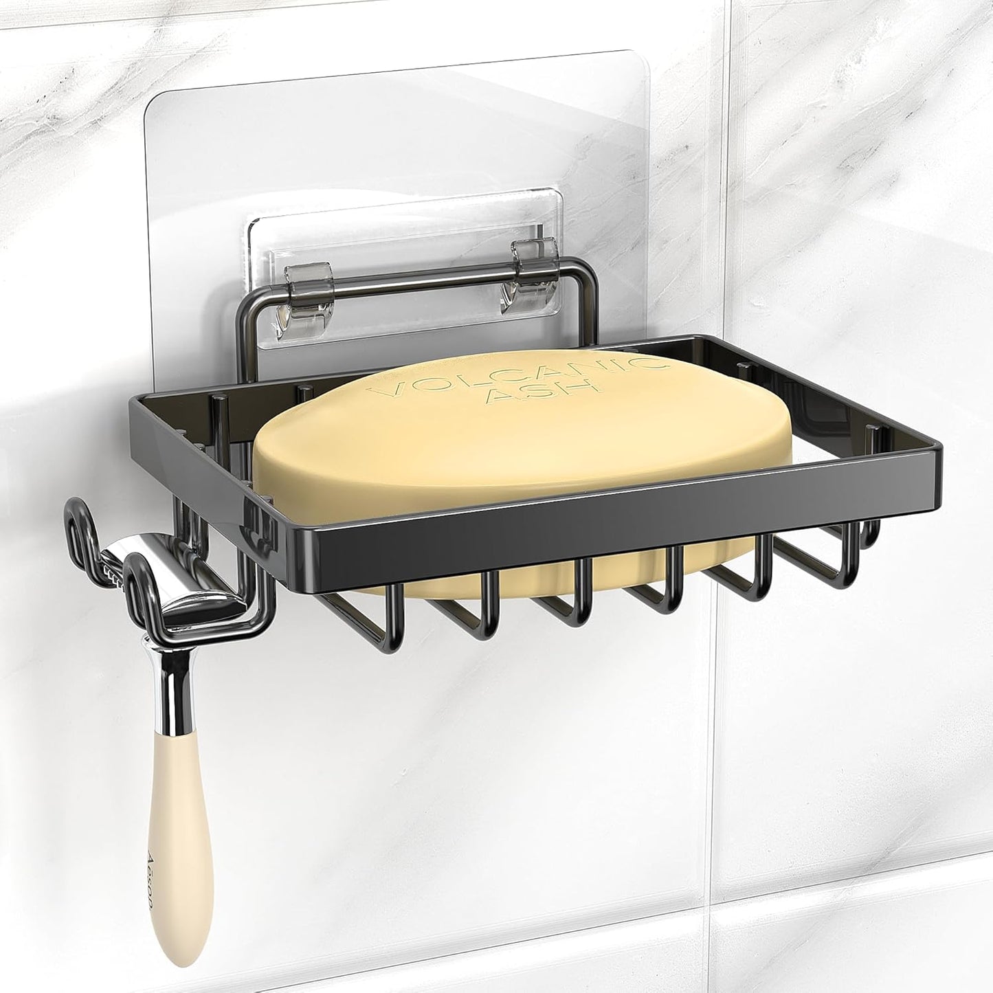 Black Soap Dish, Soap Bar Holder for Shower, No Drilling Bathroom Accessories, Wall Mounted Soap Holder with Hooks, Shower Rack Tray Bar for Suitable for Bathroom, Kitchen Sink