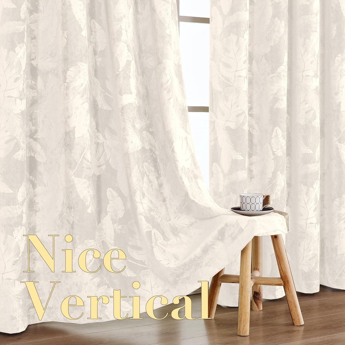 Velvet Curtains 63 Inches 2 Panels Luxury Room Darkening Curtains for Bedroom Floral Leaf Pattern Curtain Thermal Insulated Grommet Window Drapes, W52 X L63 Inches, Ivory