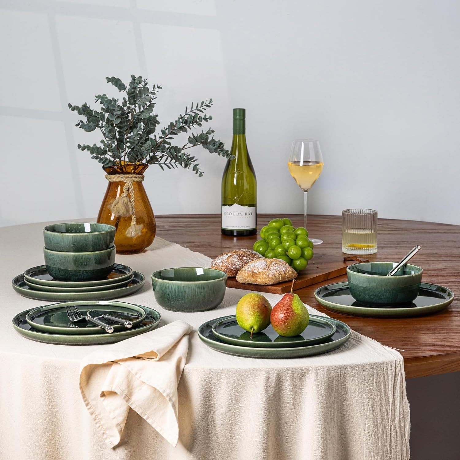 Ceramic Dinnerware Set for Six - 18-Piece Stoneware Plate and Bowl Collection with Reactive Glaze Finish, Scratch Resistant, Dishwasher and Microwave Safe, Earth Green