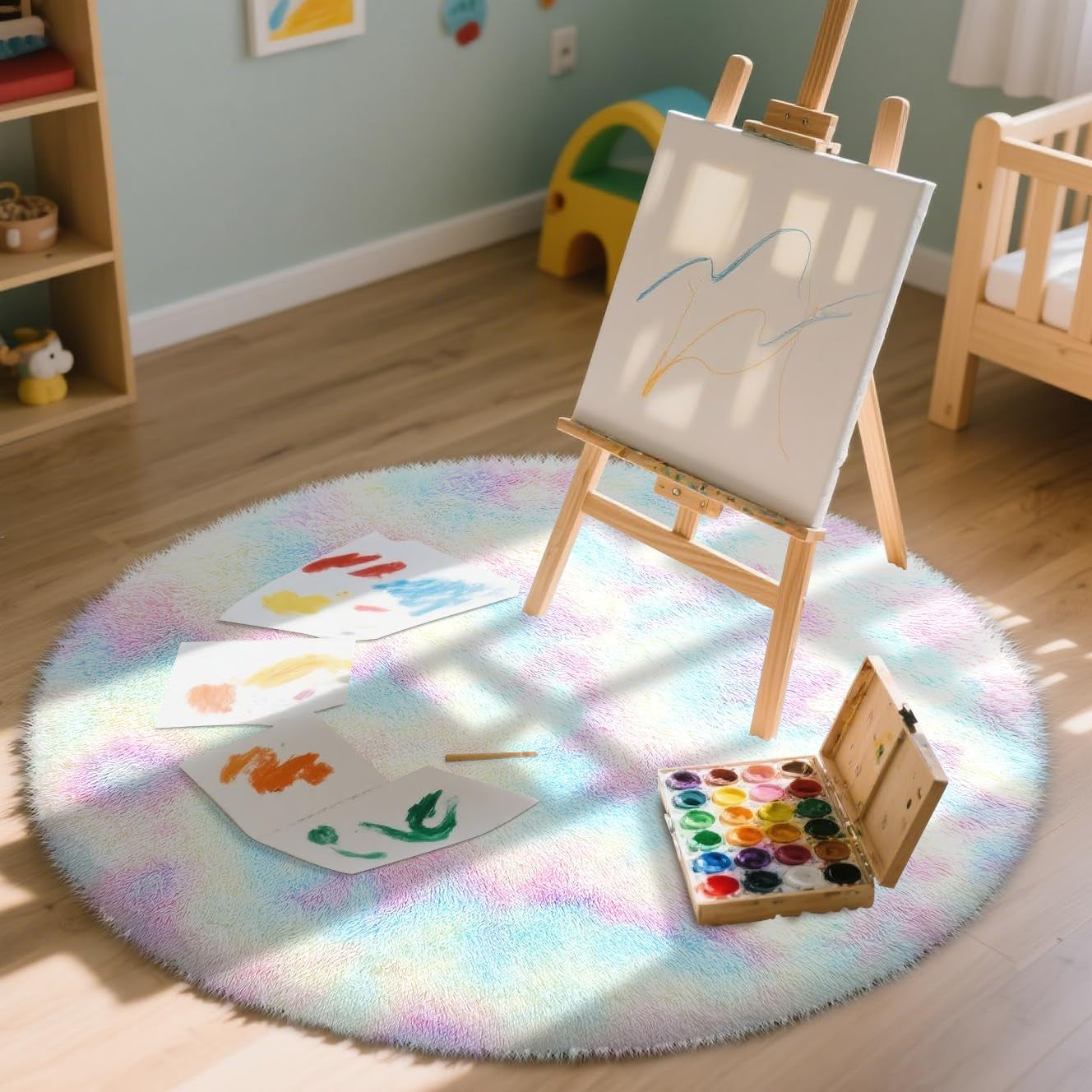 Rainbow round Rugs for Bedroom - Machine Washable, 4X4 Feet Circle Area Rugs for Living Room, Soft and Fluffy Shaggy Carpet for Teen Girls and Boys, Nursery Rooms, Dorms, Home Decor Aesthetic