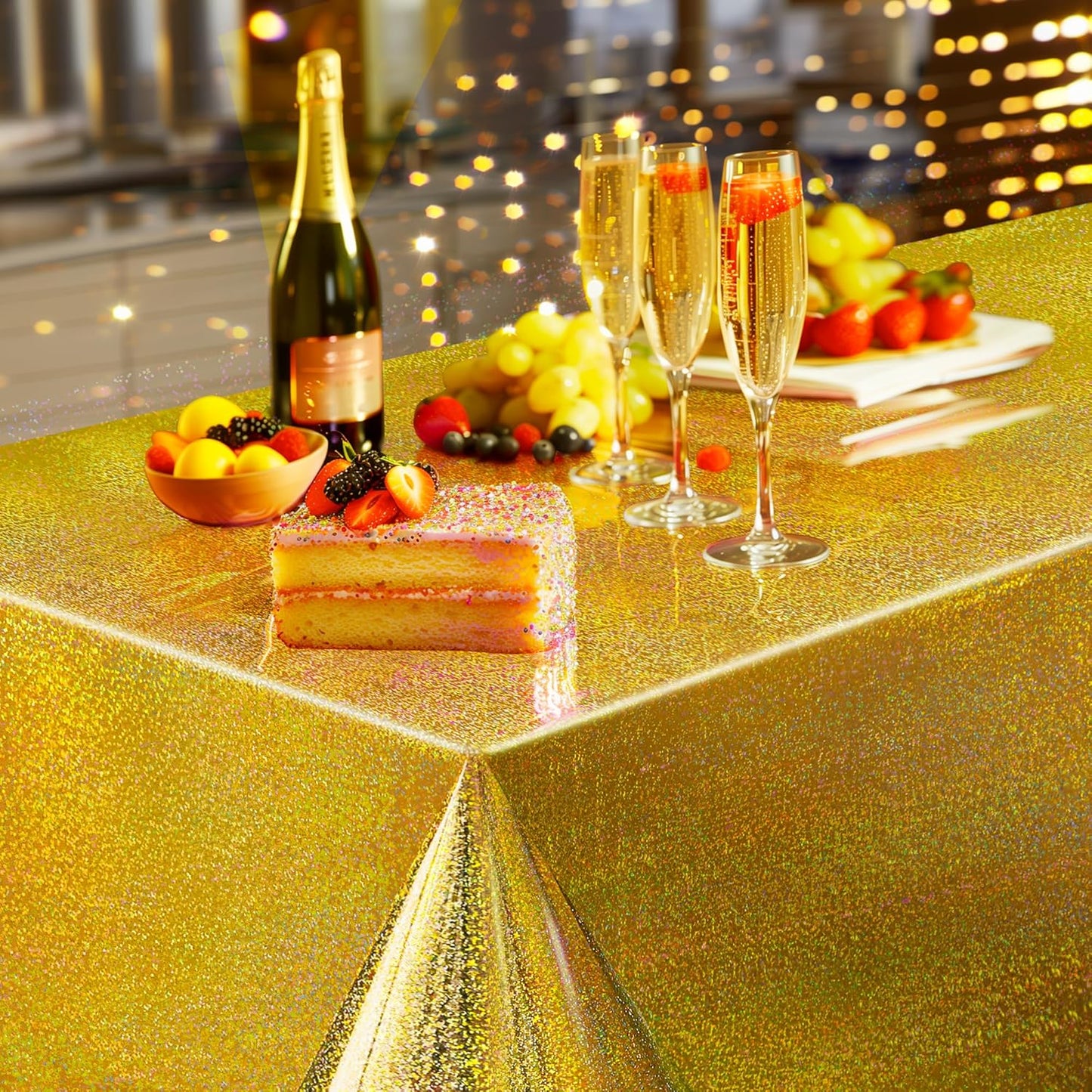 Gold Holographic Foil Tablecloths - Set of 2, 54x108 Durable Table Covers for Elegant Events, Perfect for Parties, Weddings, and Showers
