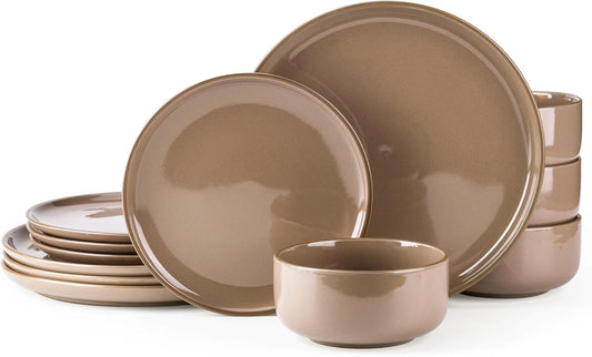 Ceramic Dinnerware Set for Four - 12-Piece Stoneware Plate and Bowl Collection with Reactive Glaze, Scratch Resistant, Dishwasher and Microwave Safe
