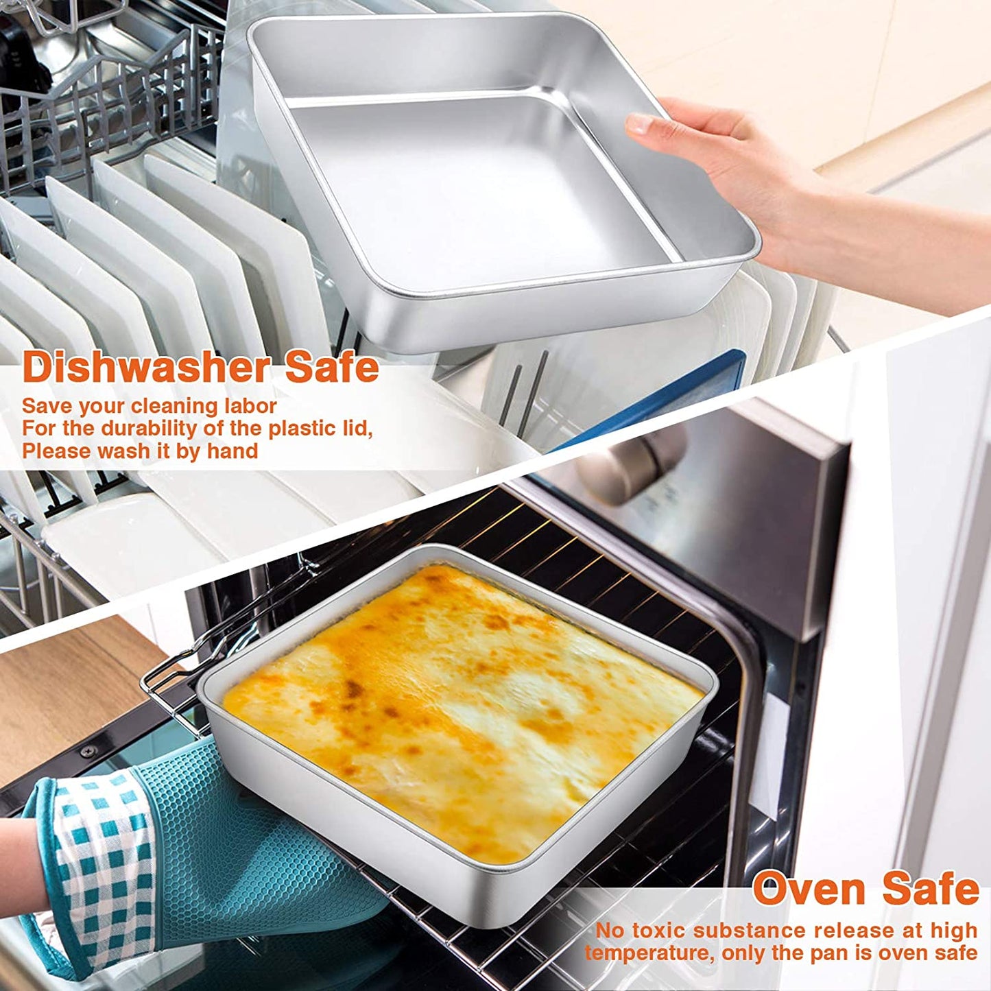 Square Baking Cake Pan with Lid, Stainless Steel Lasagna Brownie Pan and Plastic Cover for Picnic Wedding Birthday, Healthy & Sturdy, Oven & Dishwasher Safe, (8 Inch, 2Pcs)