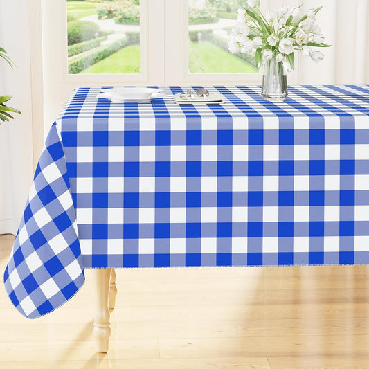 Waterproof Vinyl Rectangle Tablecloth with Flannel Backing, Wipeable Buffalo Plaid Design for Indoor and Outdoor Dining, Blue & White, 60" x 84