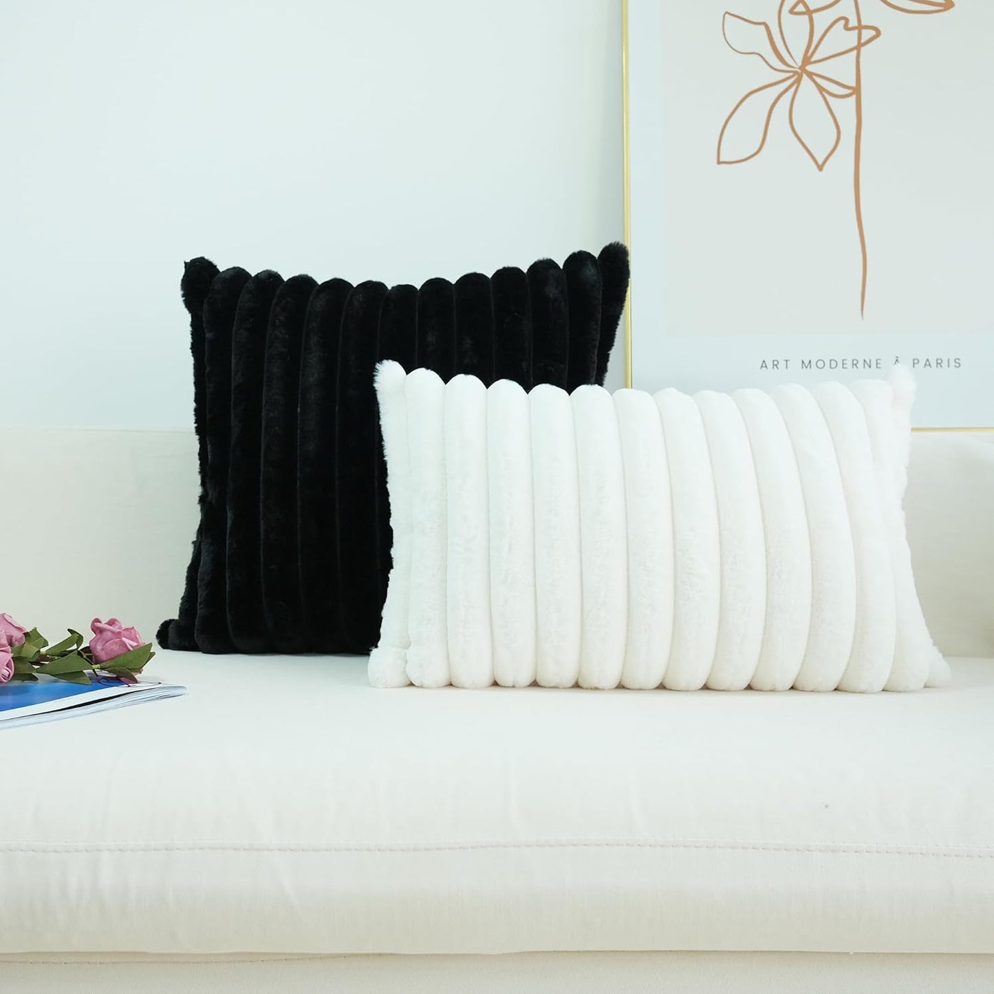 Pack of 2 Faux Fur Plush Decorative Throw Pillow Covers Couch Cushion Case Soft Pillowcases (Black, 20 X 20-Inch)