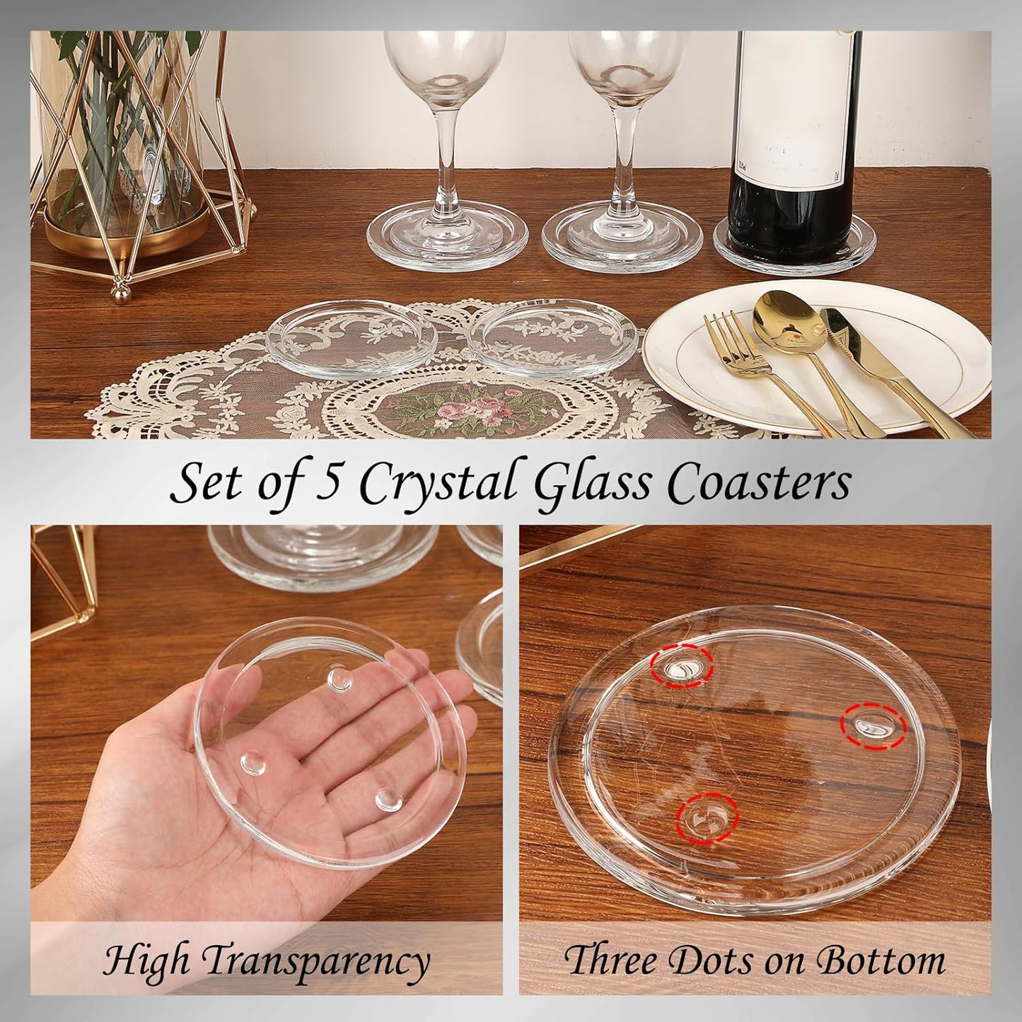 Set of 5 Modern Clear Glass Coasters - Round Crystal Drink Coasters for Office, Kitchen, Bar, Dining Room, Living Room, and Patio Decor