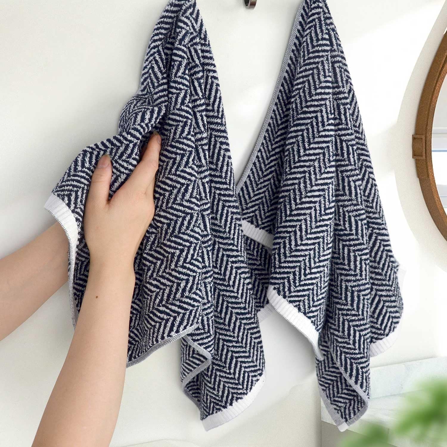 Hand Towels for Bathroom with Decorative Herringbone Stripes, 100% Cotton, 13 X 28 Inches, Navy-Blue and White, 2 Pack