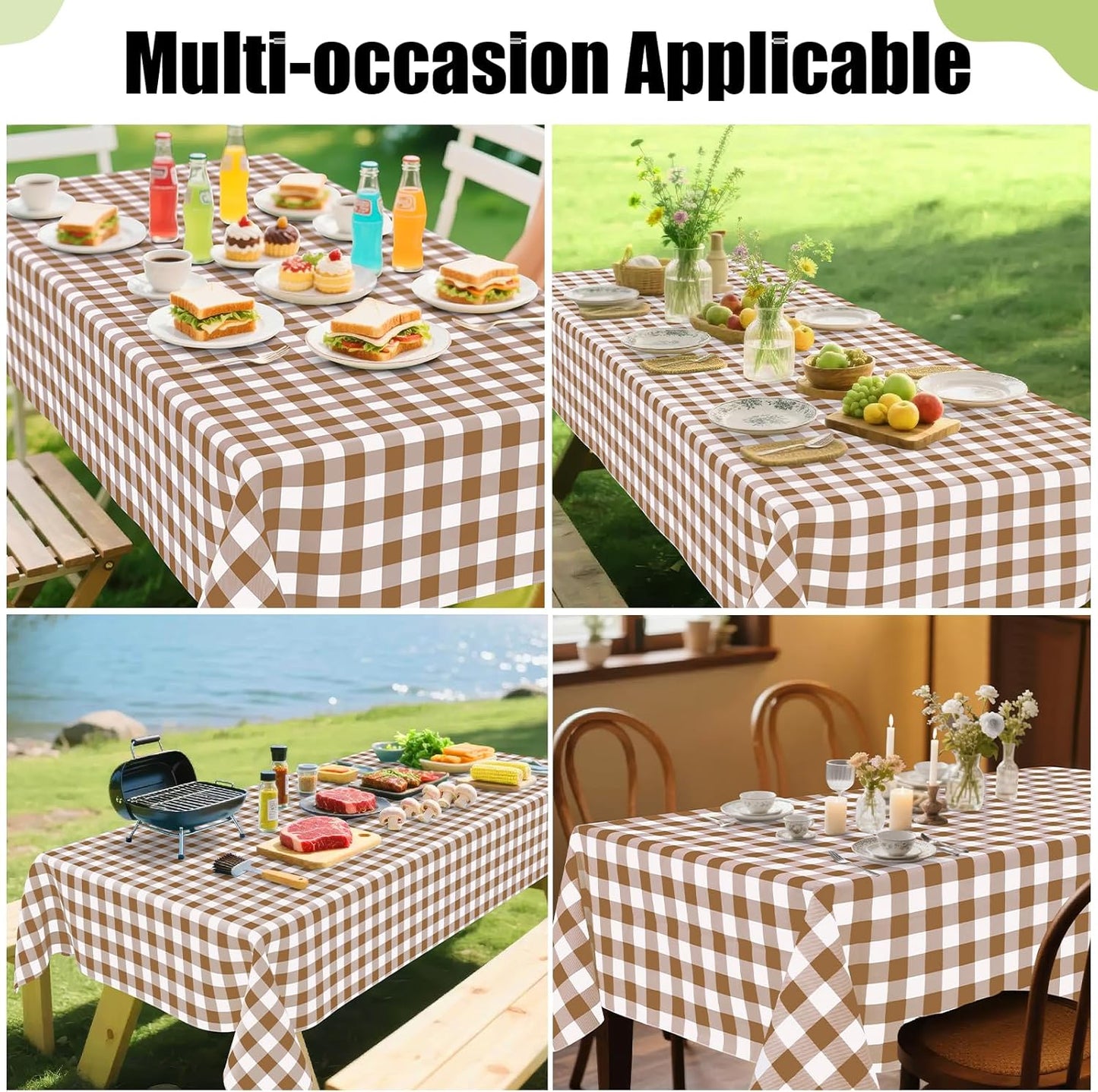 Waterproof Vinyl Rectangle Tablecloth with Flannel Backing, Wipeable Buffalo Plaid Design for Indoor and Outdoor Dining (Brown & White, 60" x 84")