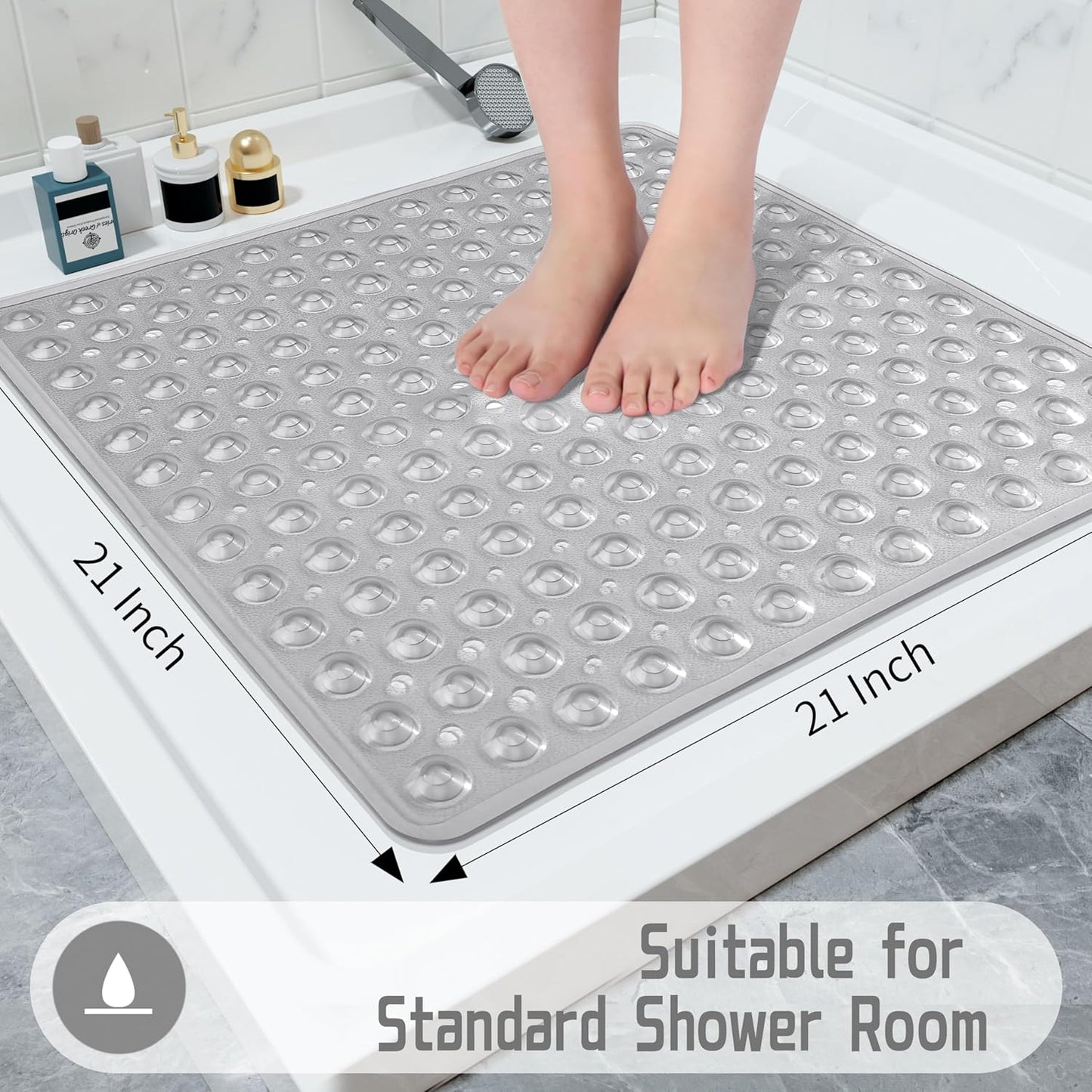 Shower Bathtub Mat Non Slip, 21X21 Inch, Soft Square Bath for Tub with Suction Cups and Drain Holes, Stall Floor Mats Bathroom, Machine Washable, Bathroom Accessories, Clear Gray