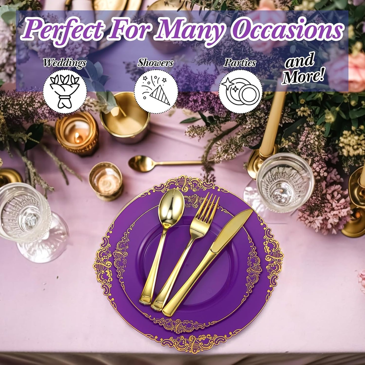 300-Piece Purple and Gold Plastic Dinnerware Set for 50 Guests - Includes Dinner Plates, Dessert Plates, Cutlery, and Cups for Weddings and Birthday Celebrations