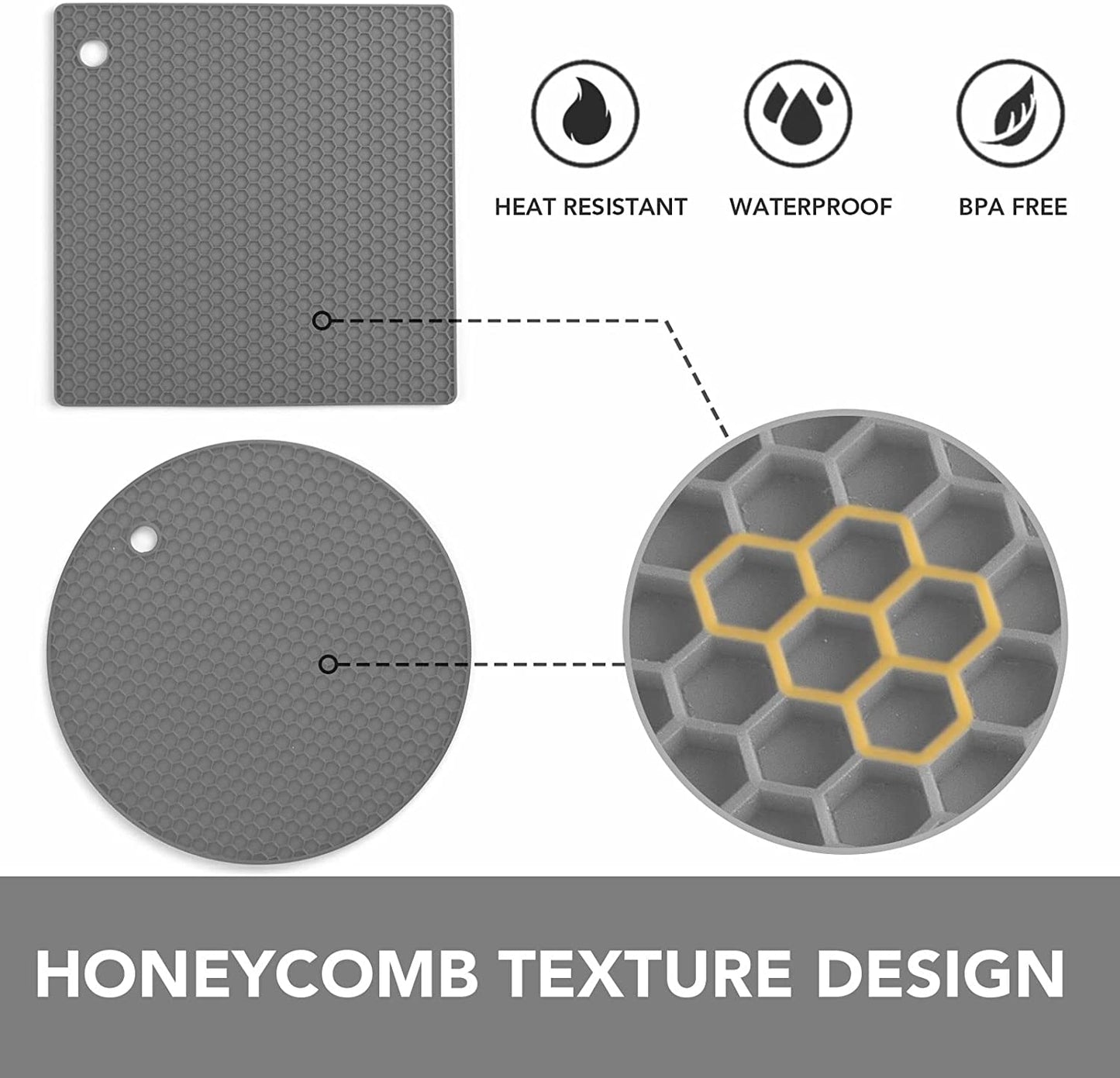 Trivets for Hot Dishes - Hot Pads for Kitchen, Silicone Pot Holders for Hot Pots and Pans, Silicone Mats for Kitchen Countertops, Table, Flexible Easy to Wash and Dry, Grey