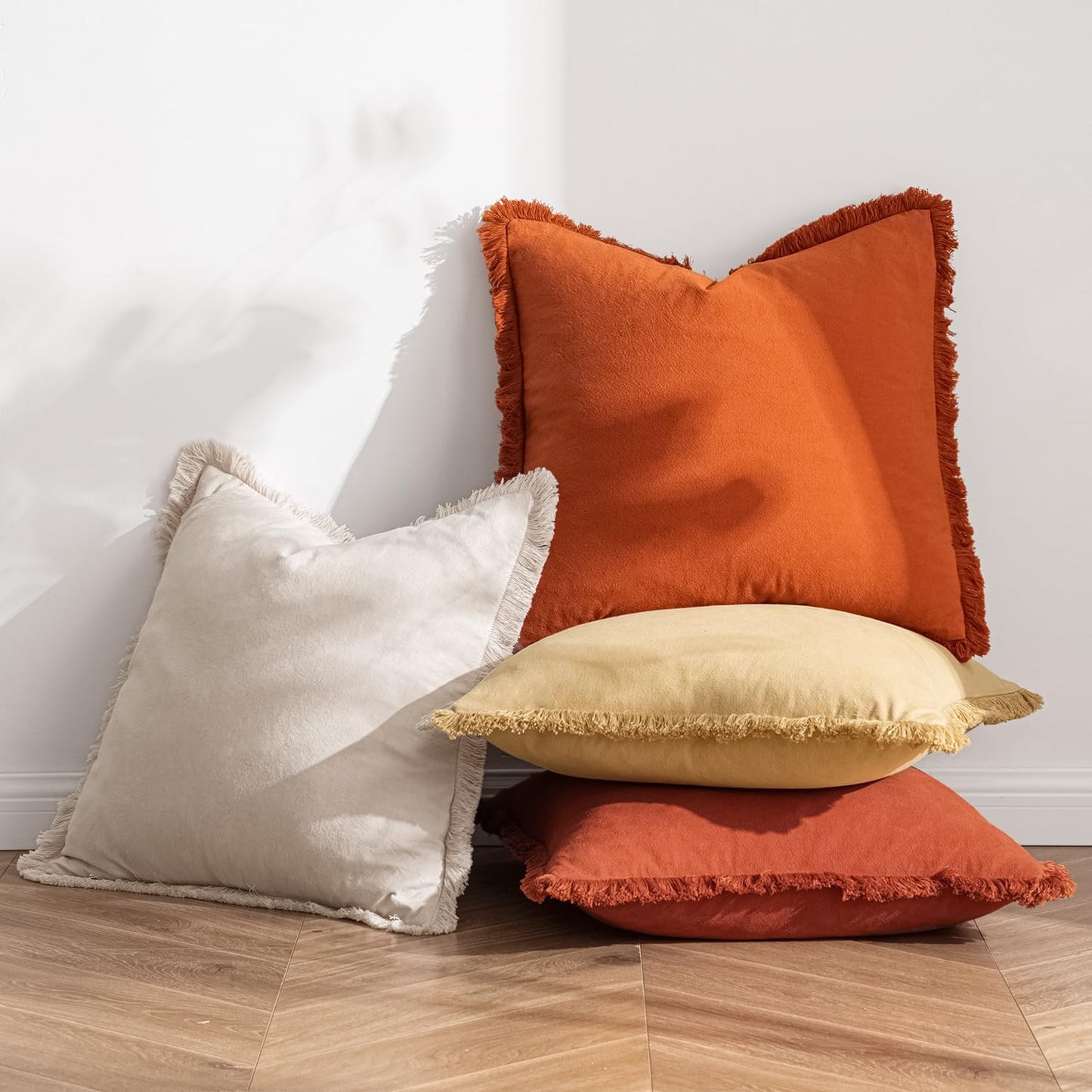 Throw Pillow Covers Fall Boho Farmhouse 24X24 Set of 2 Decorative Orange Eruo Sham Couch with Fringe Chic Cotton Pillowcases Home Decor Accents for Cushion Soft Bed Living Room