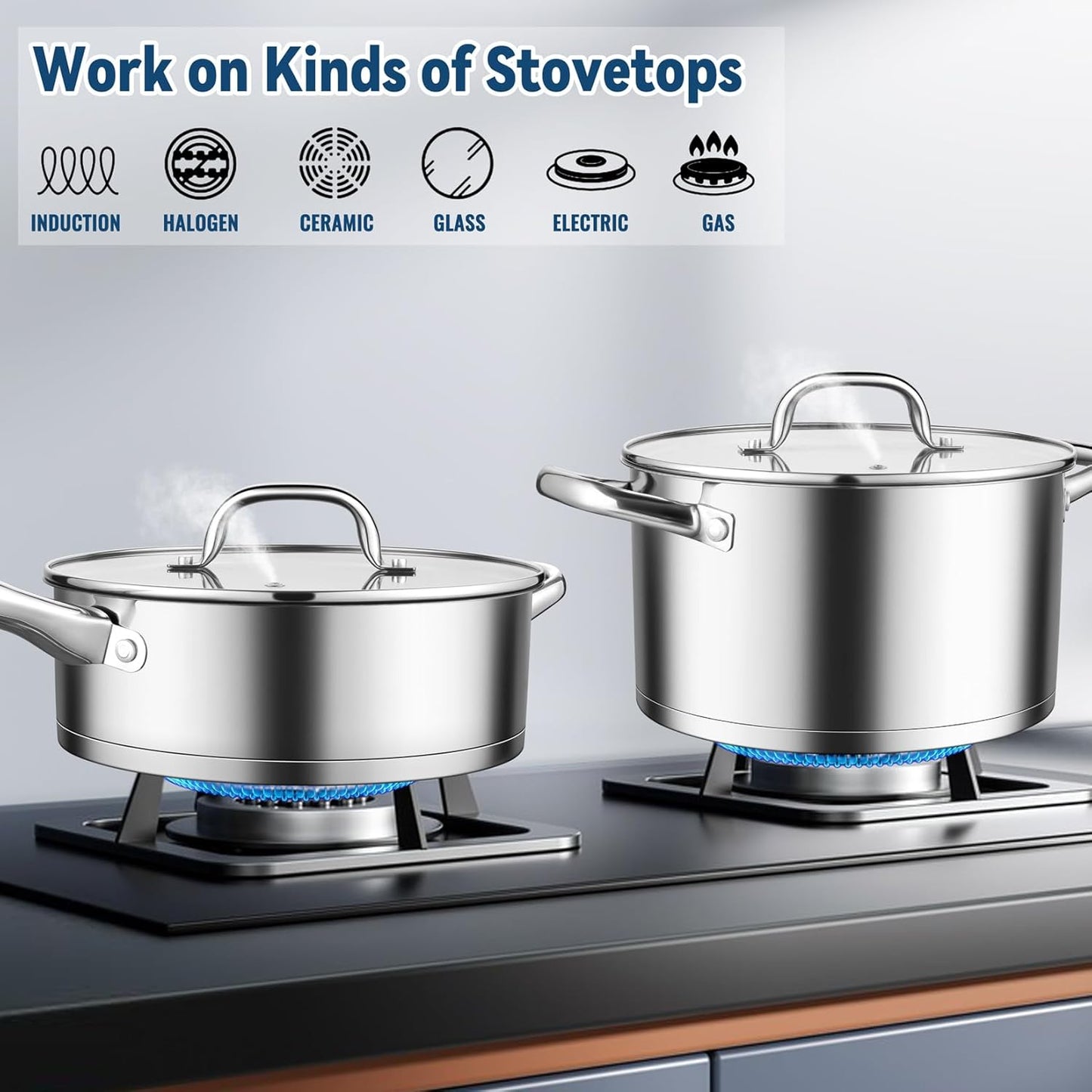 10 Pcs Pots and Pans Sets, Stainless Steel Cookware Set of 6 for Kitchen, Induction Cooking Pot & Saucepans with Glass Lids, Nonstick Frying Pans & Saute Pan