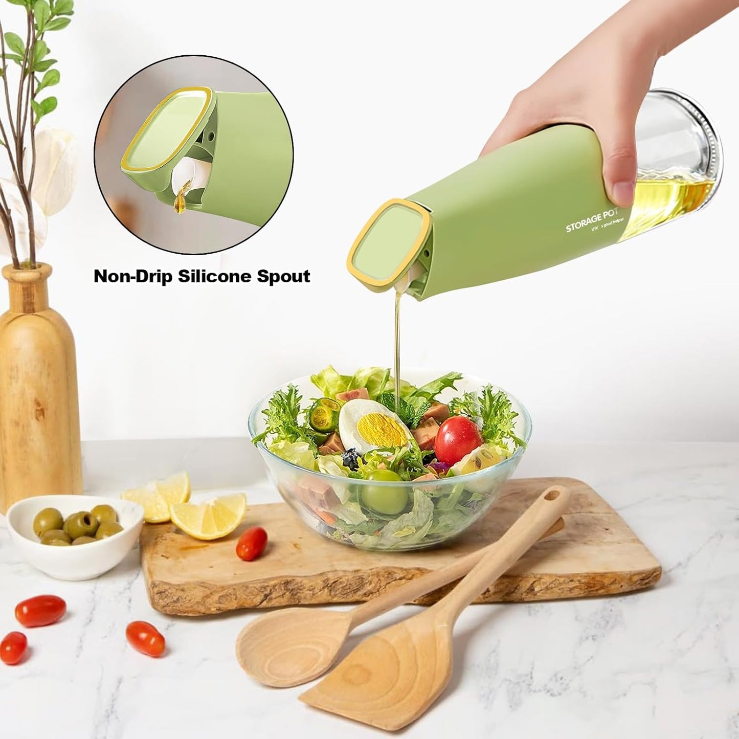 Large Capacity Olive Oil Dispenser - 500ml Glass Vinegar Drizzler, Leak-Proof Oil Bottle, Non-Drip Soy Sauce Dispenser with Pourer and Labels (Green)