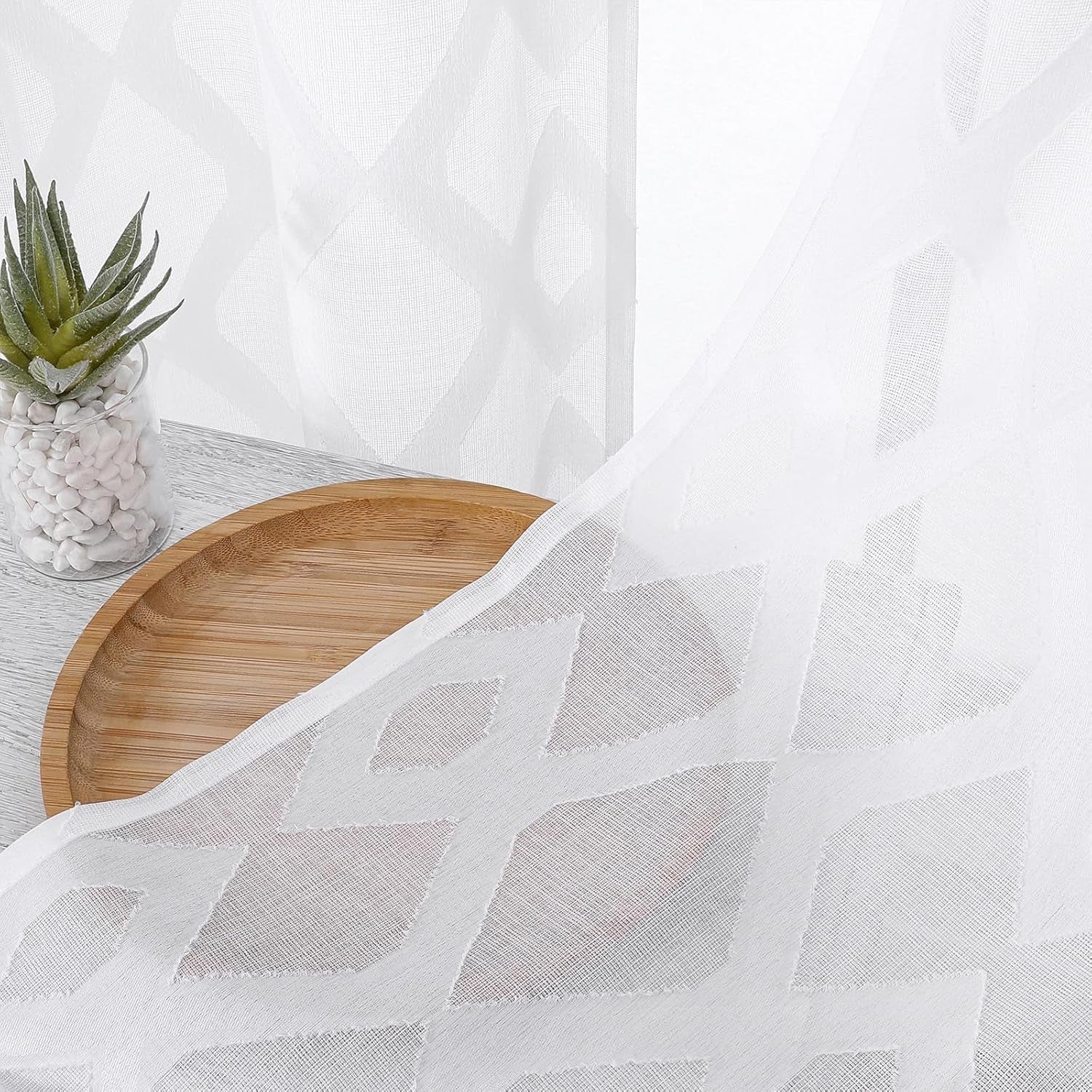 Sheer White Curtains 84 Inches Long 2 Panels Set for Bedroom, Light Filtering Geometric Jacquard Clip Textured Window Curtain, Modern Farmhouse Curtains for Living Room, Total Wide 84" Inch