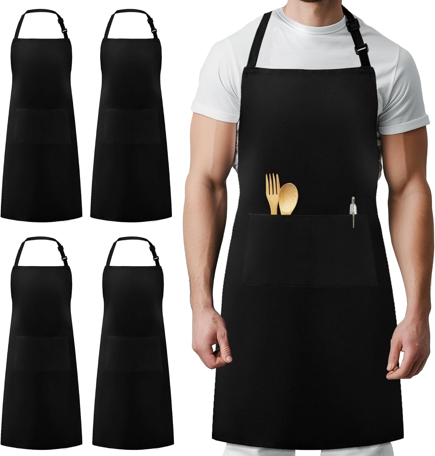 4 Pack Chef Apron, Adjustable Bib Apron Waterdrop Resistant Professional Cooking Aprons for Men Women with 2 Pockets, Black