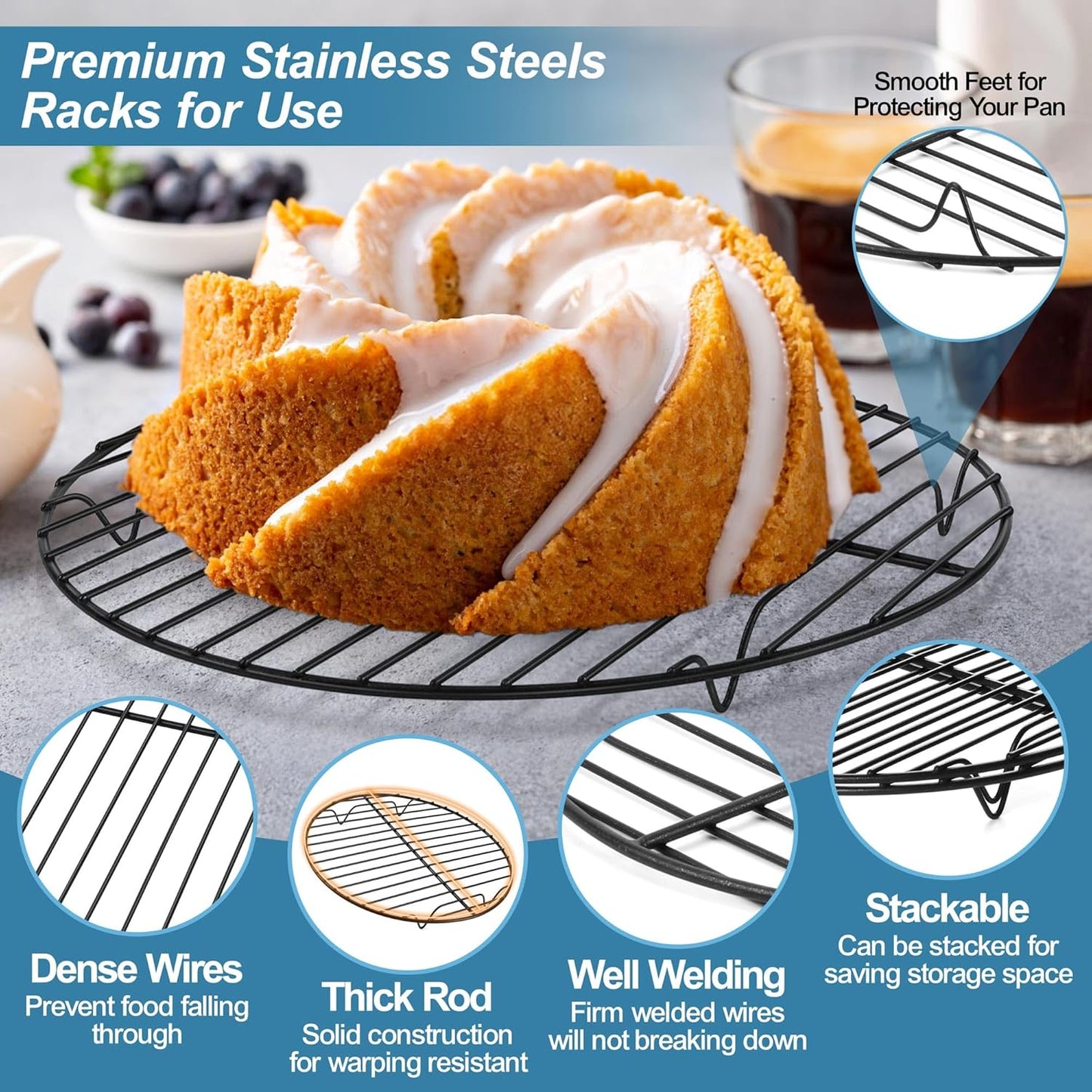 round Cooling Rack Set, round Wire Racks for Cooking Baking, Fit Air Fryer & Oven, Stainless Steel Core with Nonstick Coatings, Black, 3 PCS - 7.5 & 9 & 10.5 Inch