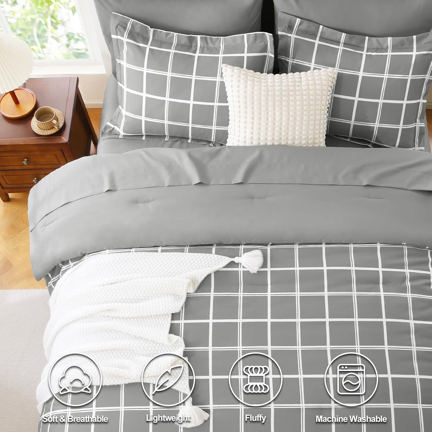 Queen Comforter Set with Sheets - 7 Pieces Plaid Bed in a Bag Set Grey, Soft Queen Bedding Sets Bed Set with All Season Quilted Comforter, Flat Sheet, Fitted Sheet, Pillowcases & Pillow Shams