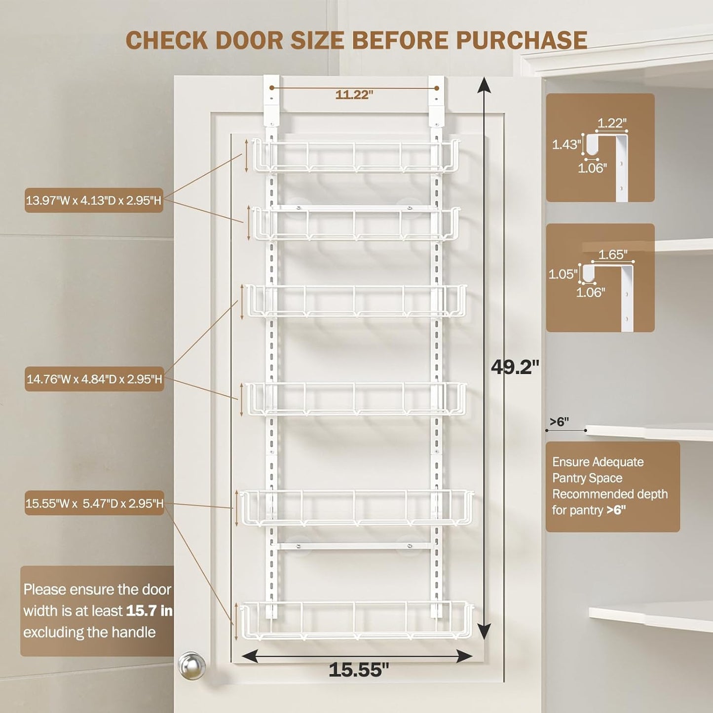 Adjustable over the Door Pantry Organizer with Clear Acrylic Panel, 6-Tier Pantry Organization and Storage for Kitchen, Hanging Spice Rack Seasoning Shelves for Cabinet, Easy Install, White