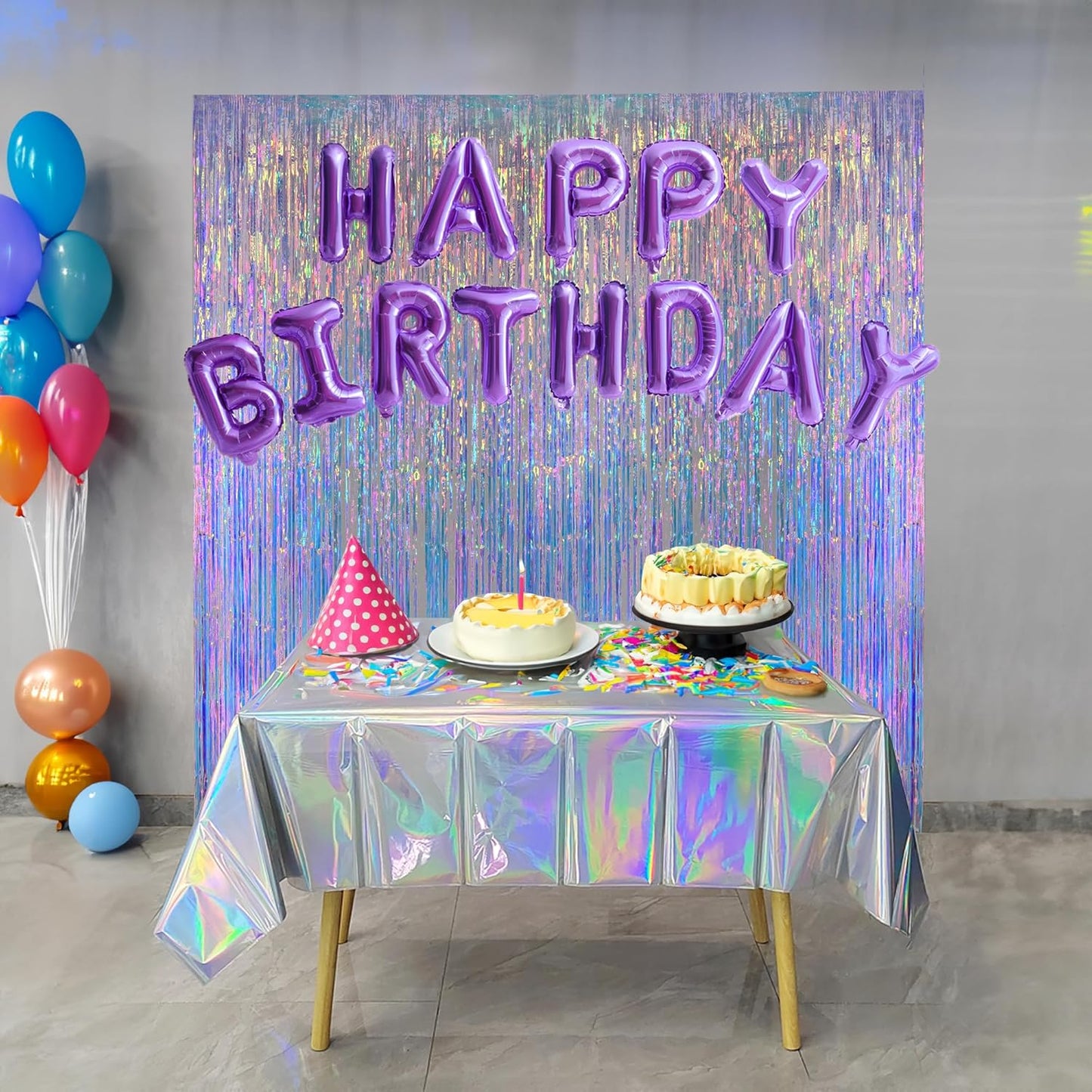 Pastel Foil Fringe Curtains 2 Packs and Iridescent Party Table Cloths 2 Packs for Party Backdrop Decorations