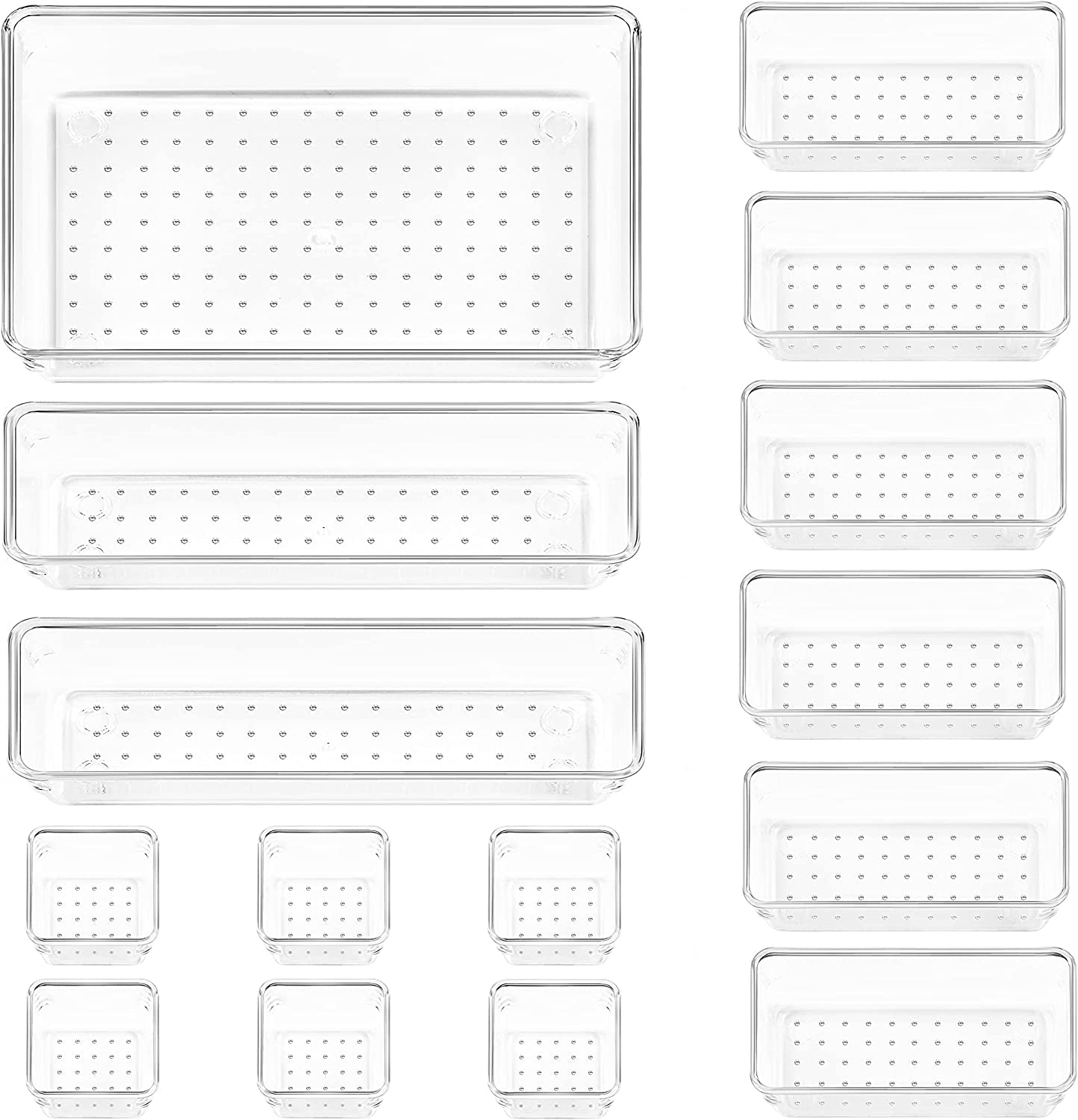 15 PCS Clear Plastic Drawer Organizers Set, 4-Size Versatile Bathroom and Vanity Organizer Trays, Non-Slip Storage Containers for Makeup, Jewelries, Bedroom,Kitchen Utensils and Office