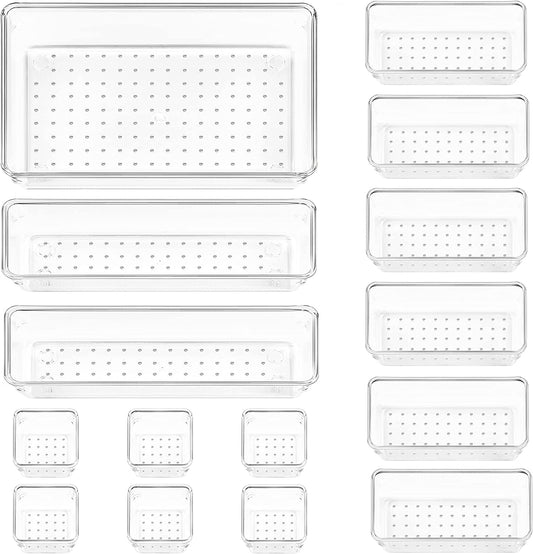 15 PCS Clear Plastic Drawer Organizers Set, 4-Size Versatile Bathroom and Vanity Organizer Trays, Non-Slip Storage Containers for Makeup, Jewelries, Bedroom,Kitchen Utensils and Office