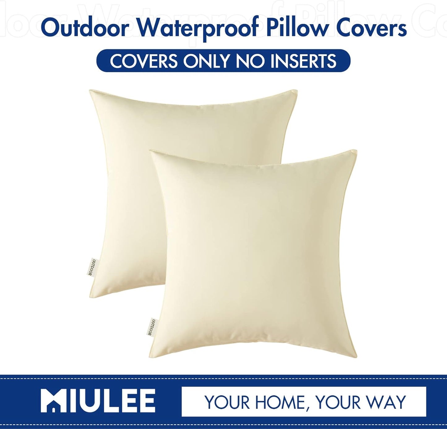 Pack of 2 Decorative Outdoor Waterproof Pillow Covers Garden Cushion Sham Throw Pillowcase Summer Shell for Patio Tent Couch 18X18 Inch Beige