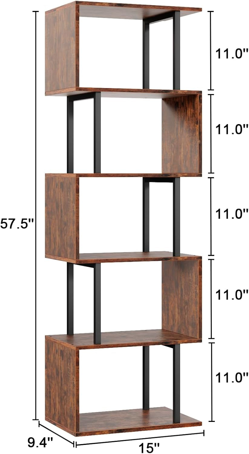 6 Tier Bookshelf, Tall S Shaped Geometric Bookcase, Modern Display Book Shelf Standing Unit, Wood Metal Decorative Room Divider Shelf for Living Room Bedroom Office, Rustic Brown