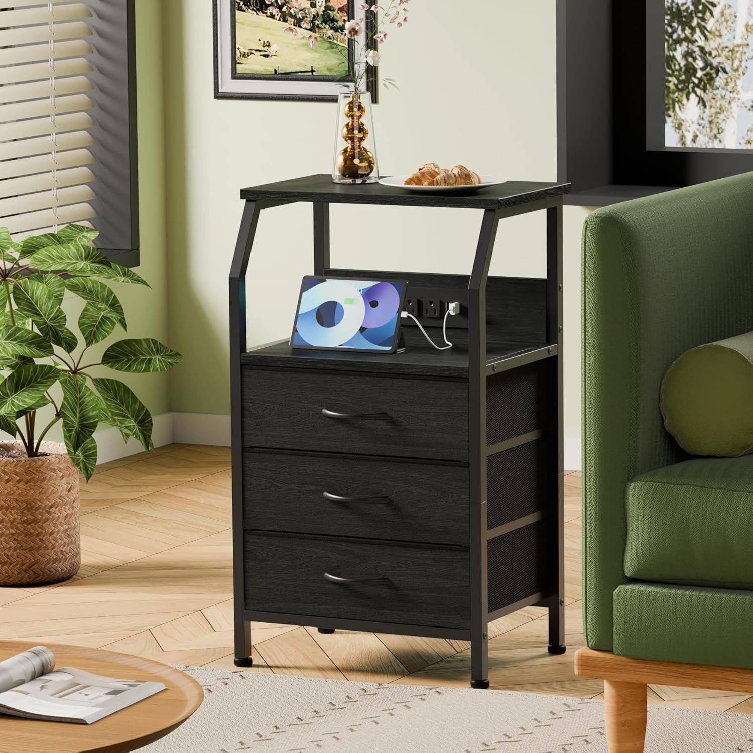 Black Oak Night Stand with Charging Station - 28.3 Inch Tall Side Table Featuring Fabric Drawers, Storage Shelf, USB Ports, and Outlets for Versatile Bedroom Use