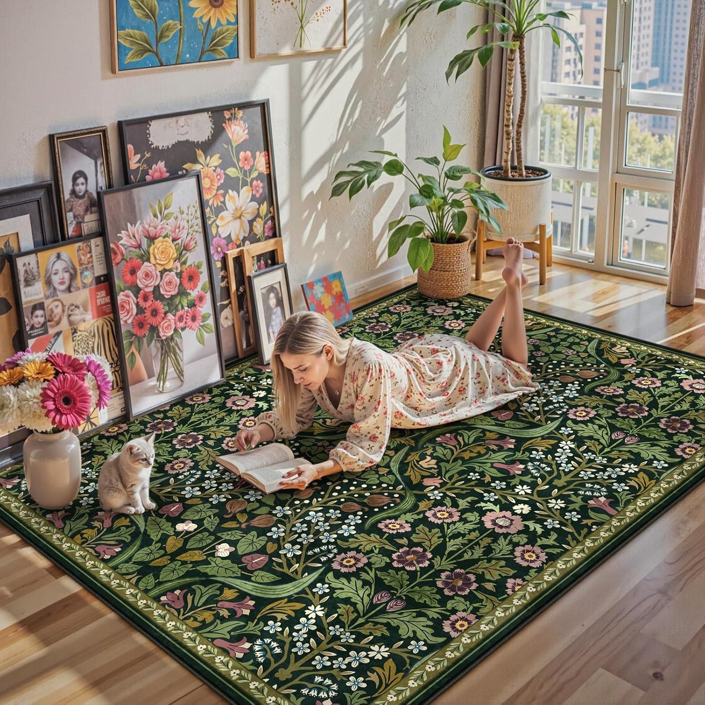 Floral 5X7 Washable Living Room Rugs, Green Area Rugs for Bedroom Rubber Backed, Botanical Thin Stain-Resistant Carpet for Dining Room, Guestroom, Kids Room