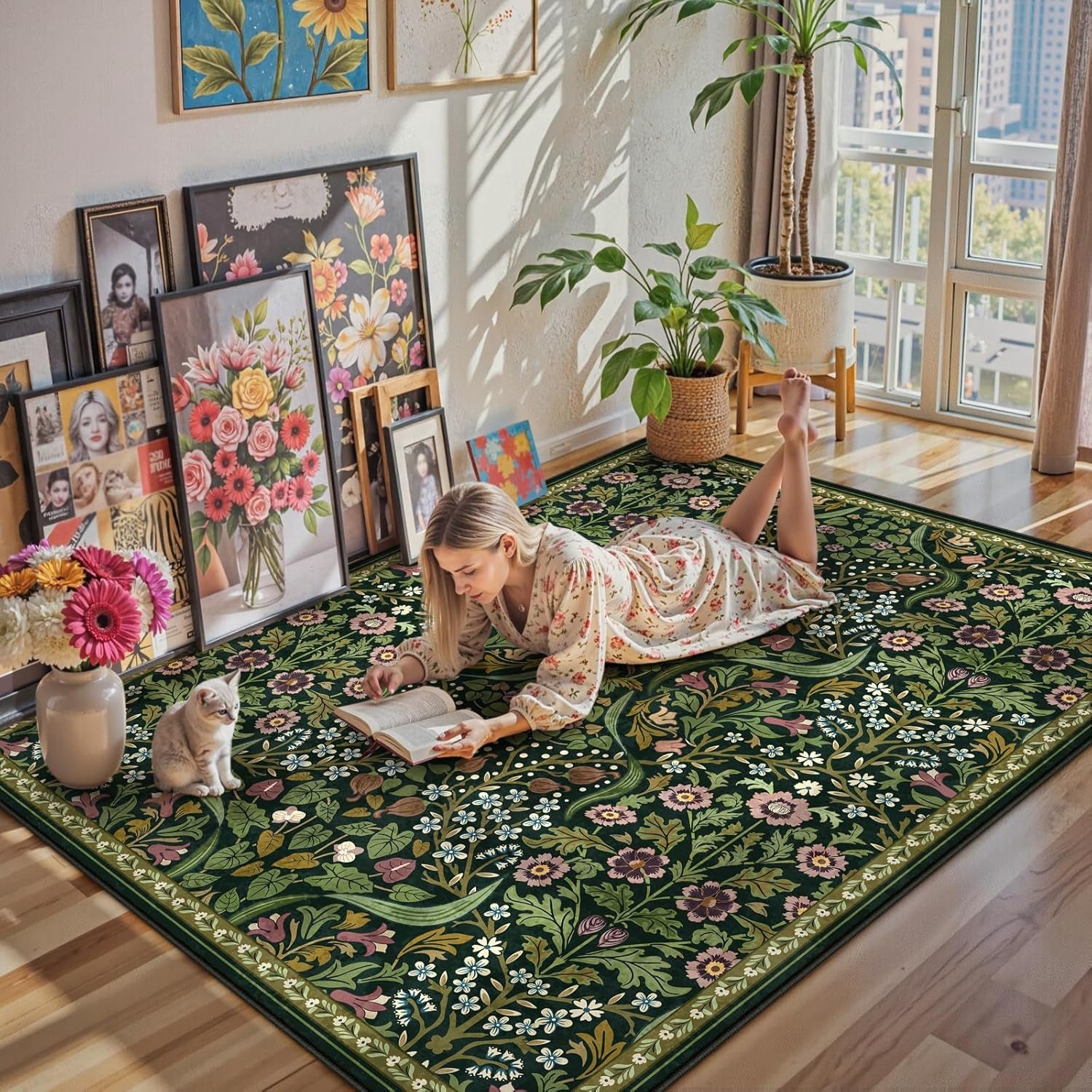 Floral 5X7 Washable Living Room Rugs, Green Area Rugs for Bedroom Rubber Backed, Botanical Thin Stain-Resistant Carpet for Dining Room, Guestroom, Kids Room