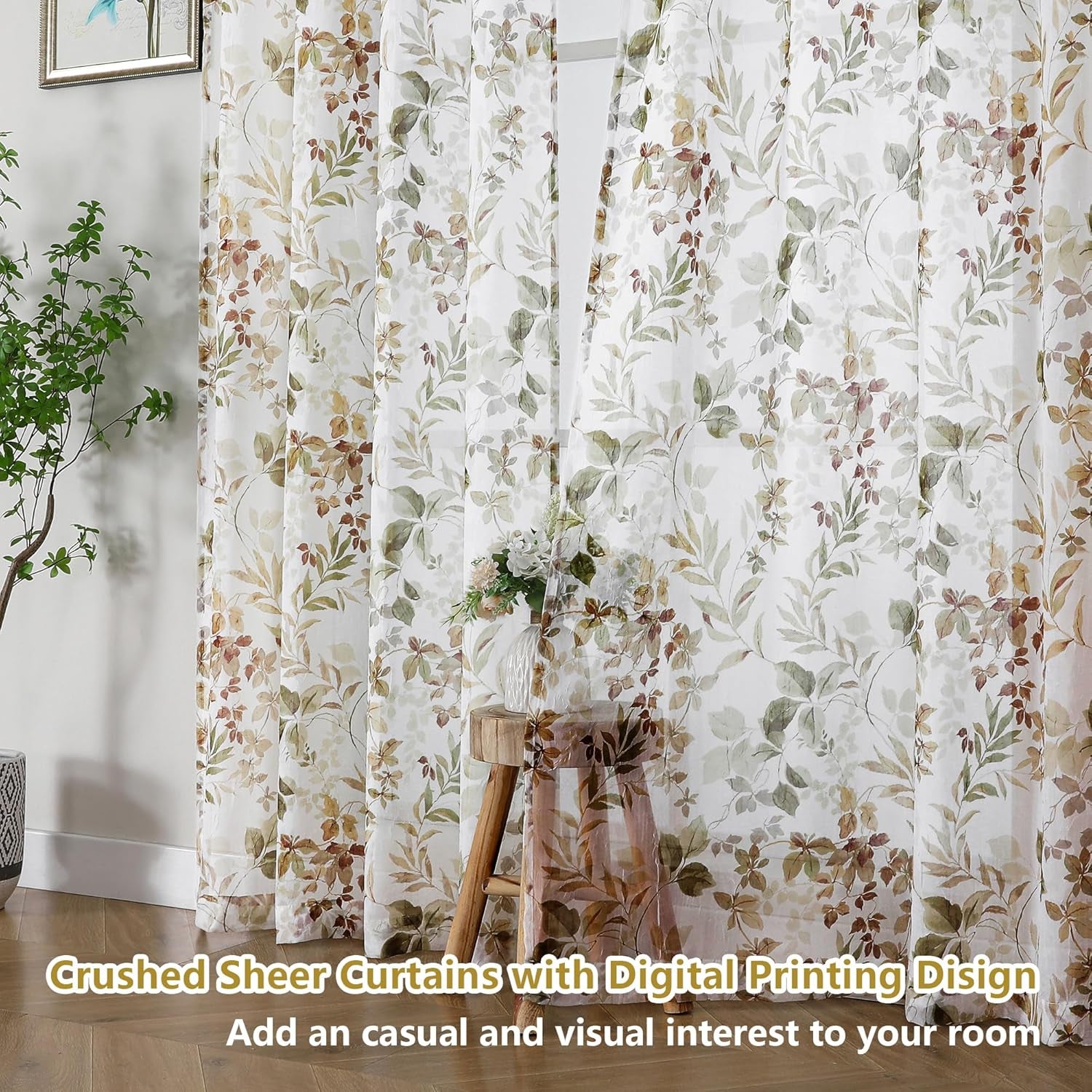 Crushed Sheer Curtains Tiers 36 Inch Length 2 Panels, Printed Design Small Half Curtains Kitchen Tiers Bathroom Cafe Bedroom Living Room, Light Filtering Curtain, 42"X36"