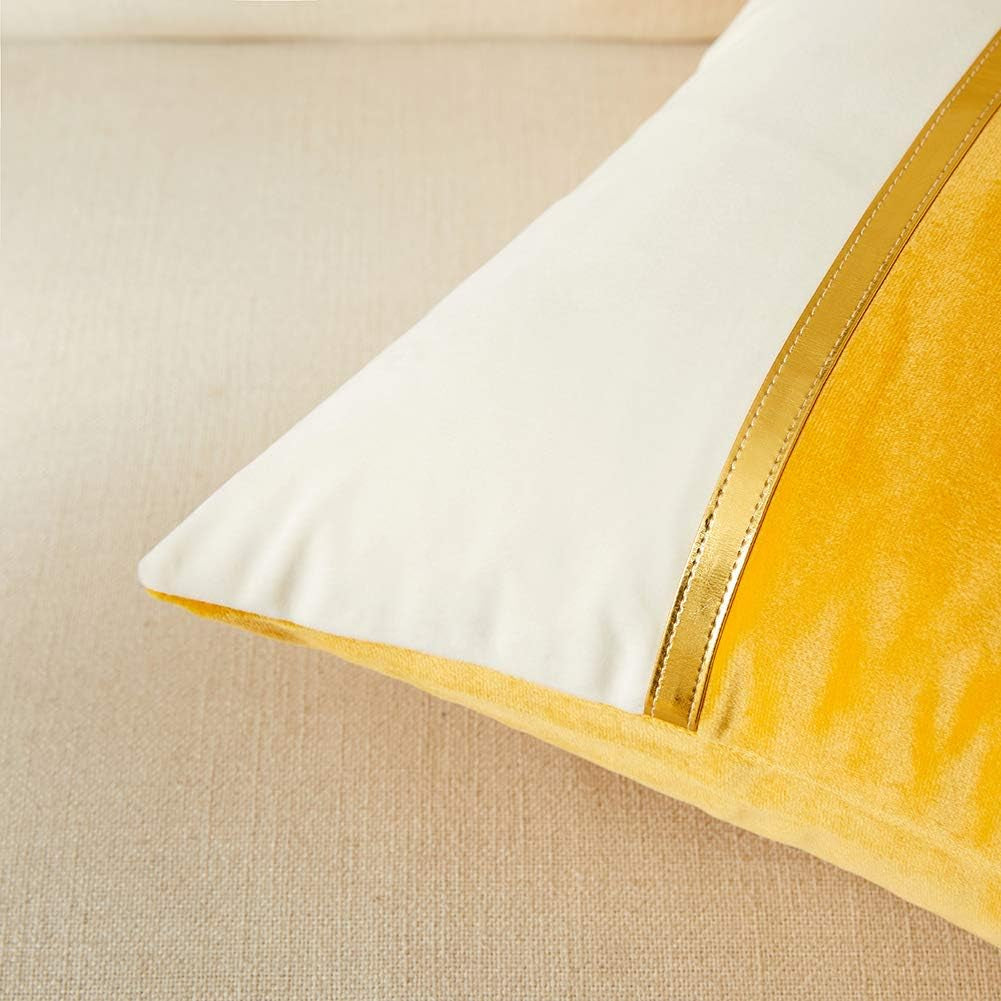 2 Packs Decorative Throw Pillow Covers 12X20 Inch for Living Room Couch Bed, Yellow and White Velvet Patchwork with Gold Leather, Luxury Modern Home Decor, Lumbar Cushion Case 30X50 Cm