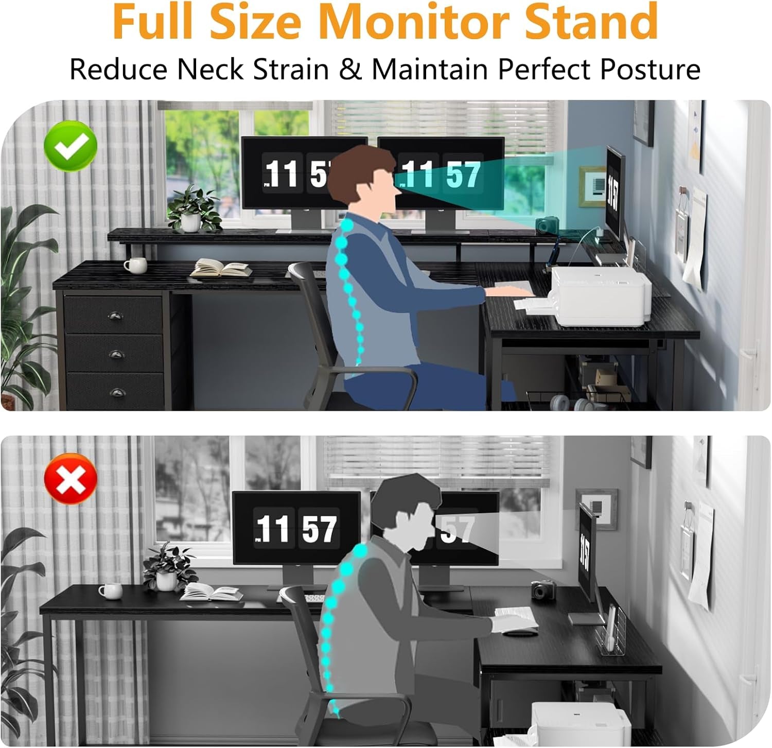 66" L Shaped Gaming Desk with 6 Drawers & Printer Storage Shelves, Reversible Computer Corner Desk with Power Outlets & LED Lights, Home Office Table with Monitor Stand, Black