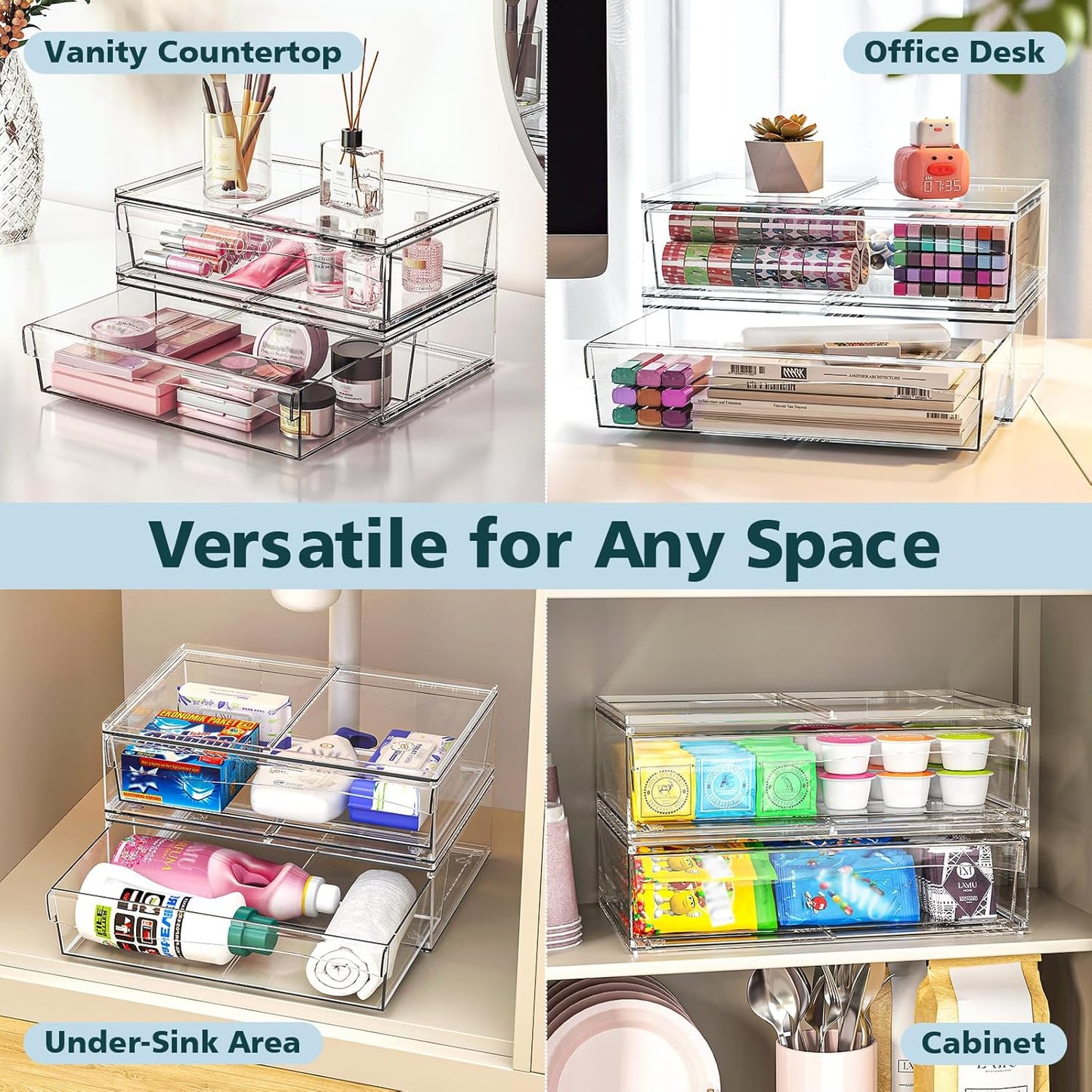 Acrylic Stackable Storage Drawers, 3.5'' Non-Slip Bathroom Makeup Organizer Countertop, Clear Drawer Organizers for Vanity, Bathroom, Office, Undersink, Kitchen, Pantry, Cabinet, 2 Pack