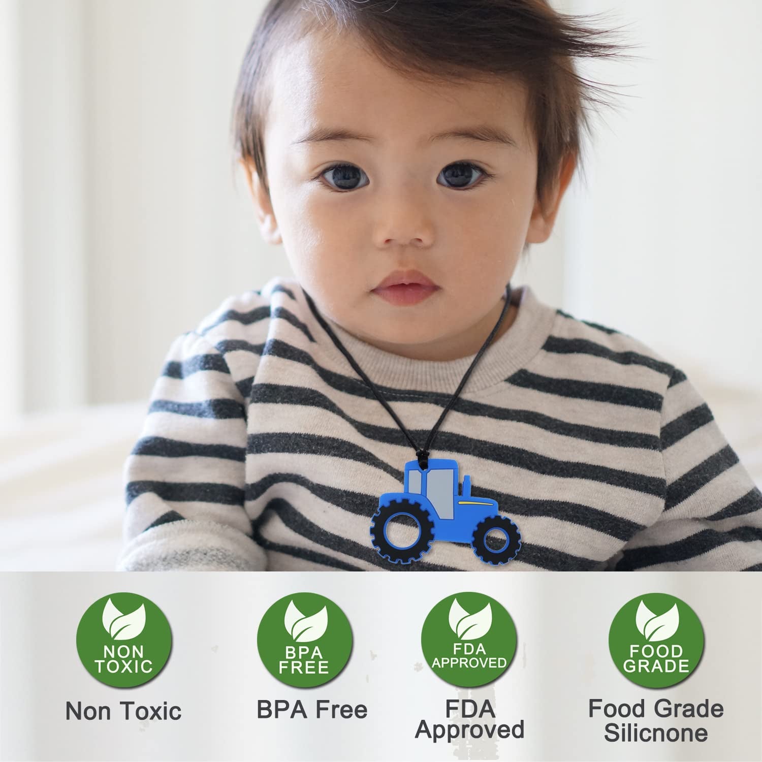 Chew Necklace for Sensory Kids, 5Pcs Chewy Necklaces for Boys and Girls with Autism ADHD PICA, Chewable Silicone Pendant for Reducing Fidget Anxiety,Dinosaur Tractor Chewing Pendants for Toddler