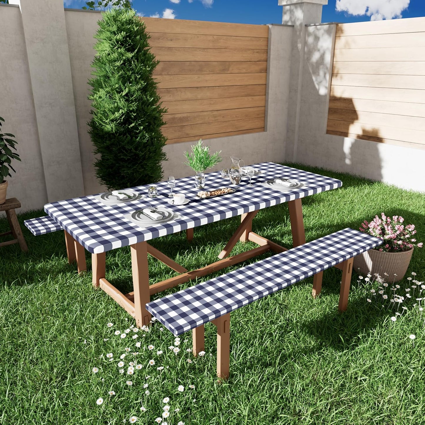 Picnic Table Cloth 2 Pack, Waterproof Elastic Fitted Tablecloths for 6FT Rectangle Tables, Washable Polyester Buffalo Plaid Tablecloth for Camping, Dining & Outdoor (Navy & White, 30" X 72")