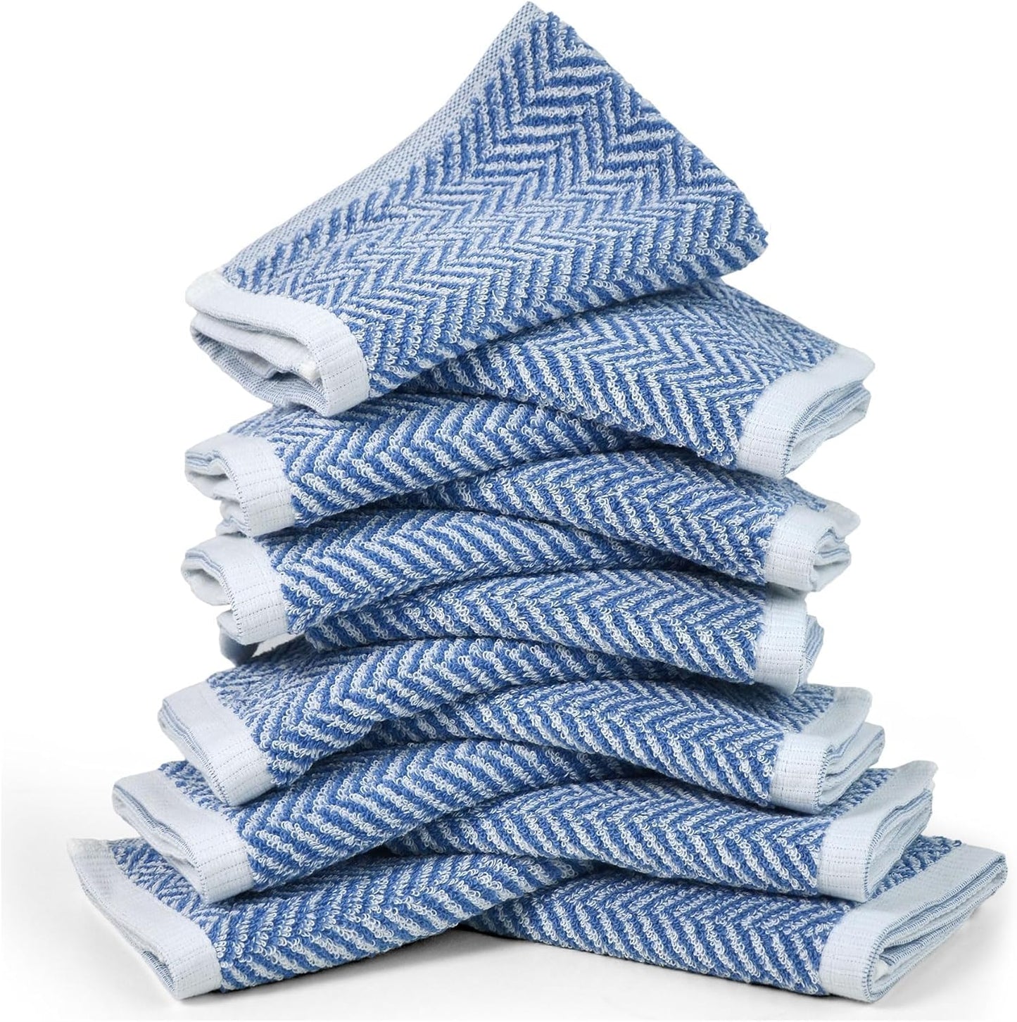 Wash Cloths for Your Face and Body, 12 Washcloths for Showering with Decorative Herringbone Stripes, 100% Cotton, Light Blue, 13 X 13 Inches