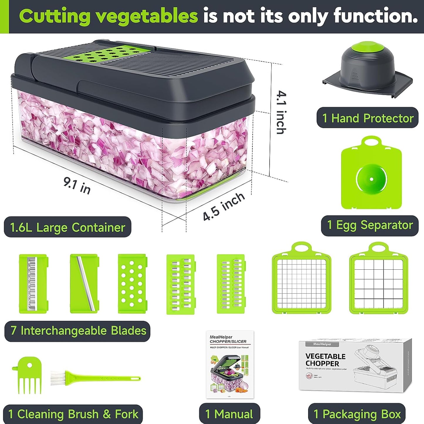 12-in-1 Vegetable Chopper with 7 Blades and Container, Versatile Food Preparation Tool, Cheese Grater, Essential Kitchen Gadget (Green/Grey)