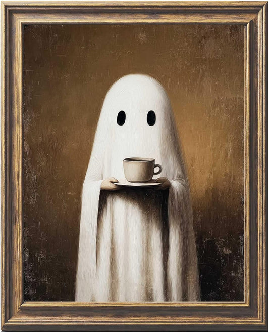 Ghost Drinking Coffee Wall Art, Coffee Bar Decor, Vintage Style Halloween Wall Decor, Country Cottage Fall Halloween Decor, Ghost Tea Whimsical Dark Academia, Unframed (8 X 10 Inch)