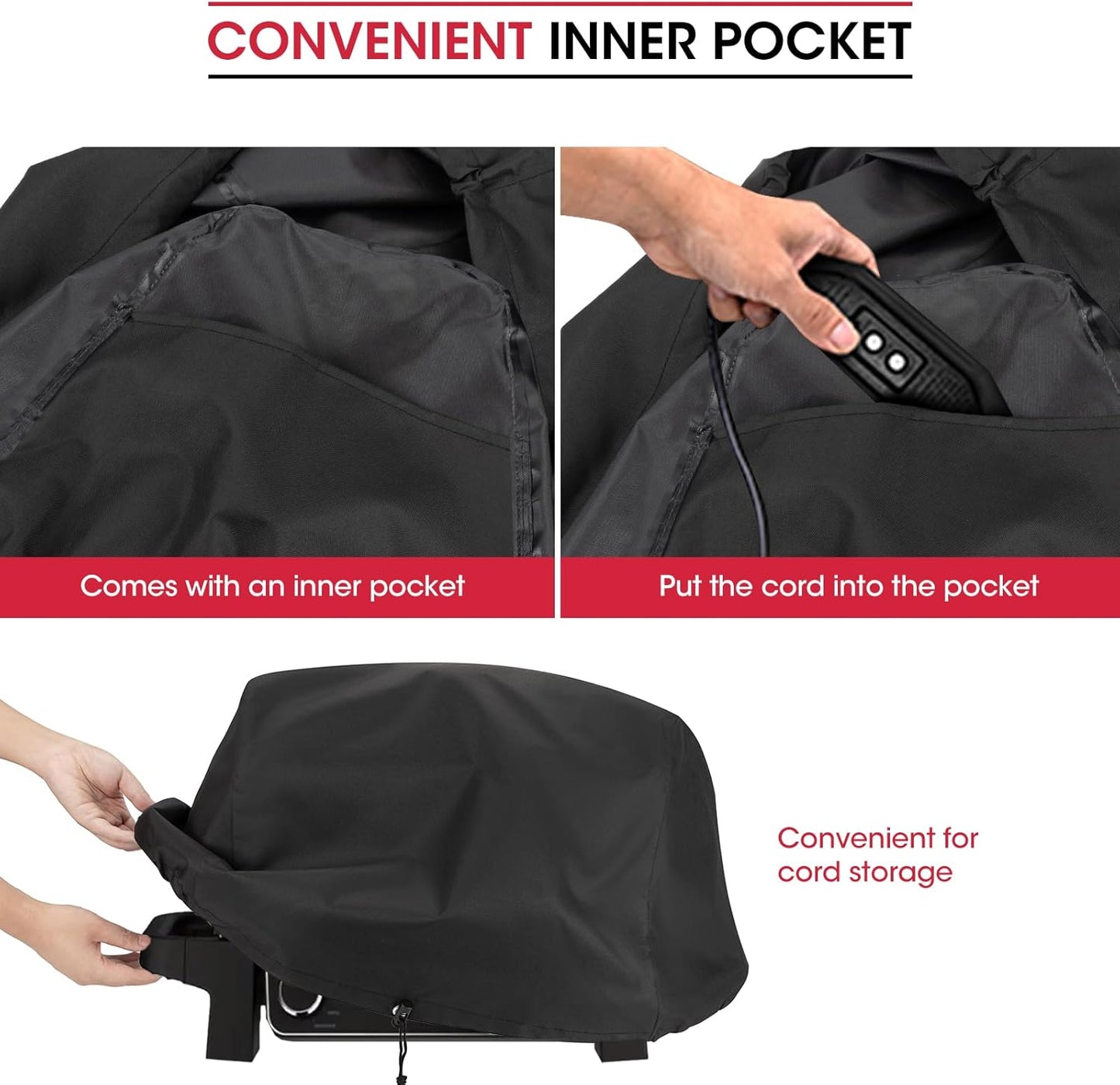 Grill Cover for Ninja OG700 OG701 OG751 Outdoor Series, Heavy Duty Waterproof Woodfire BBQ Cover with Inner Pocket, Sealed Team, Elastic Closure and Drawstrings, Black