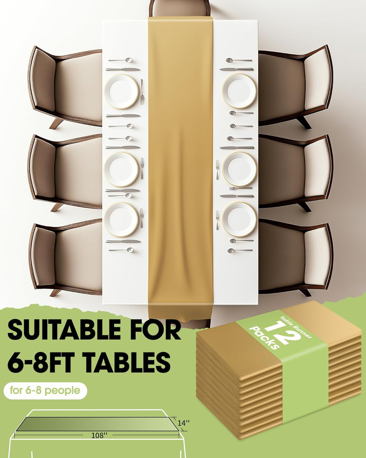 Gold Plastic Table Runners - 12 Pack, 14'' X 108'', Water Resistant & Disposable Centerpiece Decorations for Table Cloth, Wedding, Birthday, Holiday, Baby Shower, Party, Home Decor