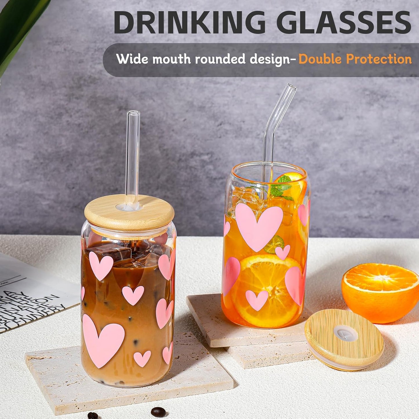Glass Cups with Lids and Straws with Design Pink Hearts 4 Pcs,Clear Glass Cups 16 Oz-Glass Tumbler,Cute Glass Iced Coffee Cups with Lids and Straws