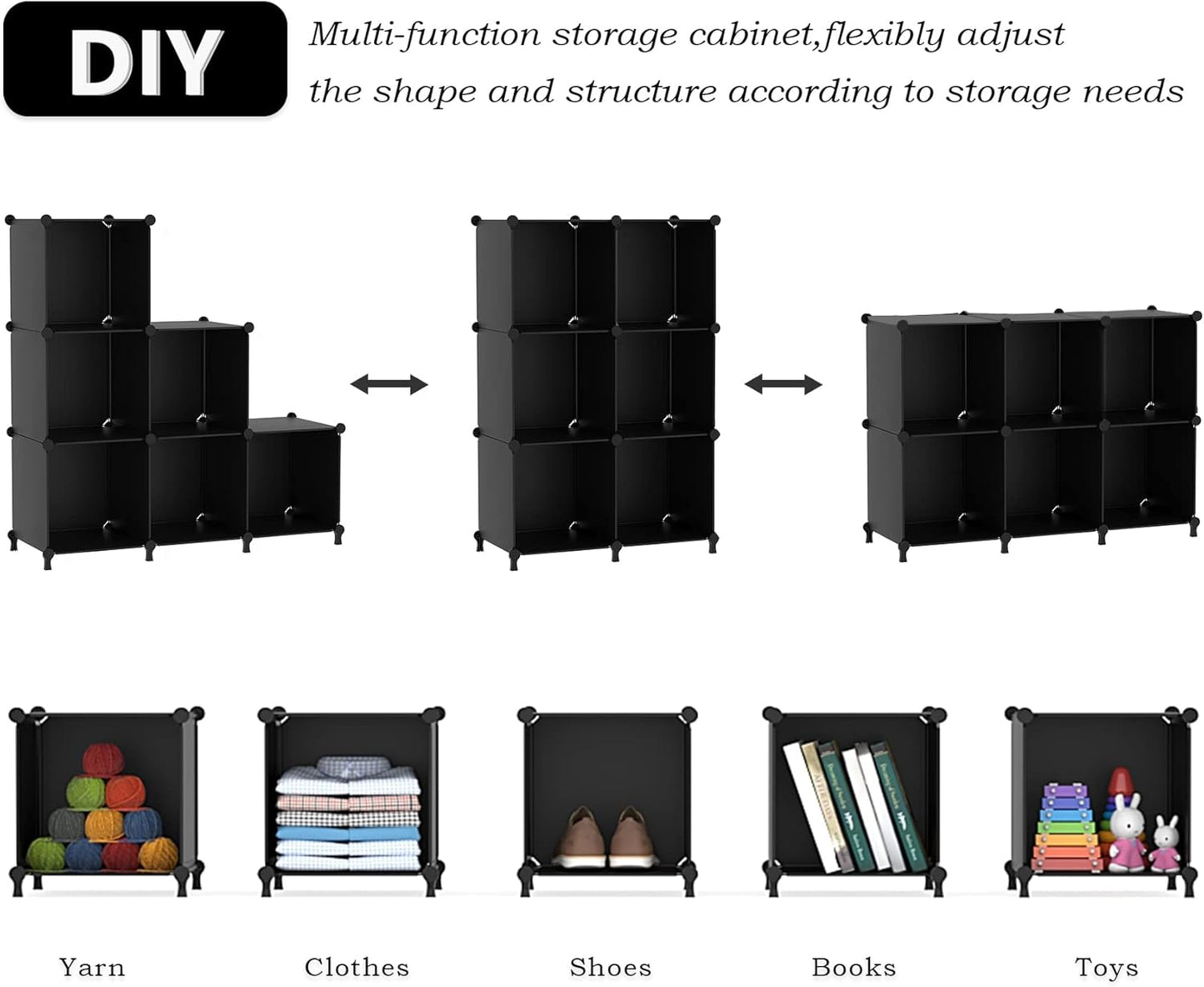 Cube Storage Organizer, Storage Cubes Shelves Bookshelf, 6 Cube Closet Organizers and Storage, DIY Stackable Plastic Clothes Organizer Shelving for Bedroom, Home, Black