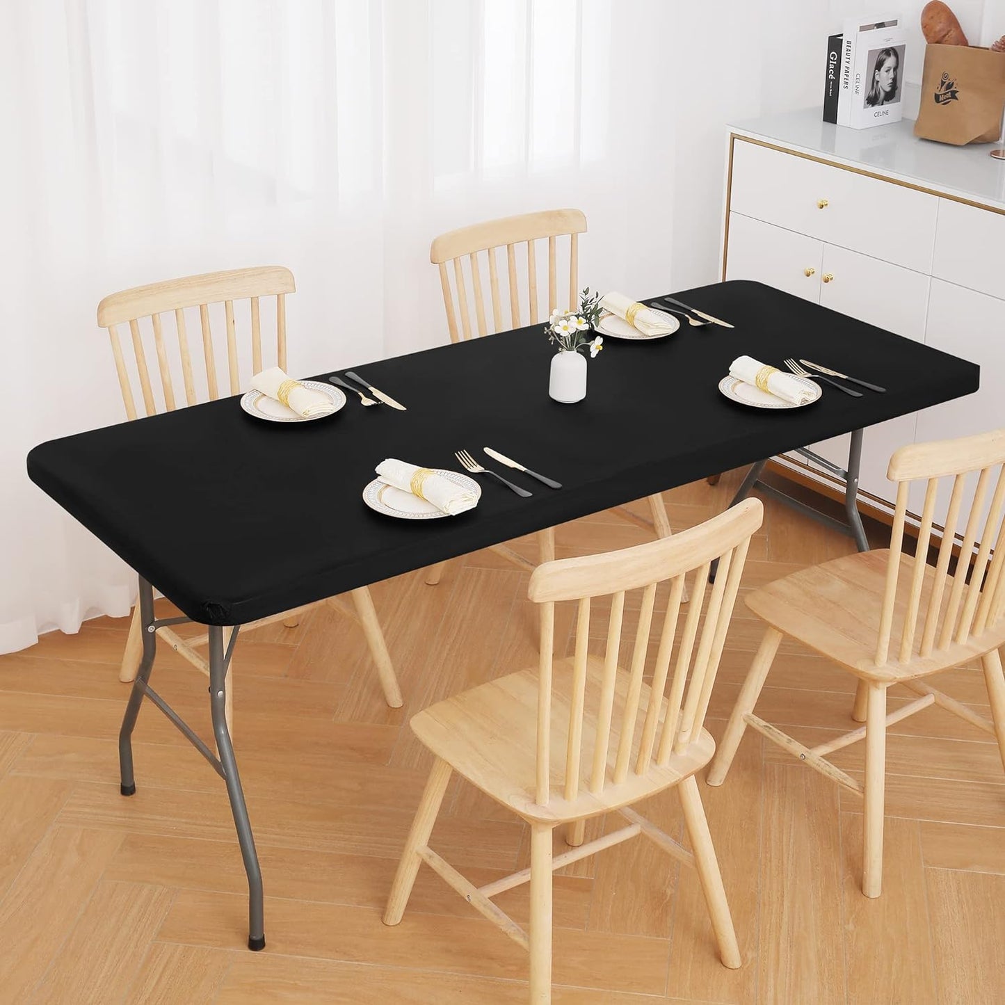 Waterproof Fitted Vinyl Tablecloth, 6FT Table Cover in Black and 6FT Table Cover in White, 2 Item Bundle