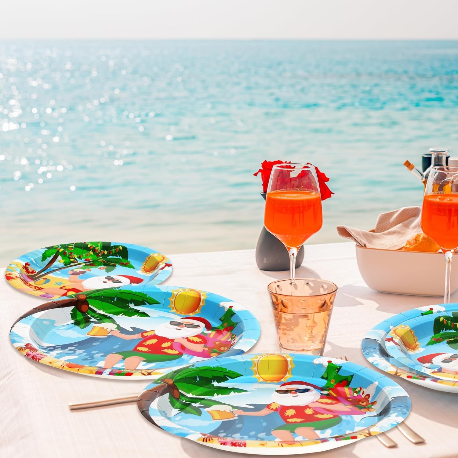 48Pcs Christmas in Summer Plates, Disposable 7 Inch and 9 Inch round Tableware Set, Xmas Tropical Holiday Decorations, Summer Christmas Paper Plates for July Christmas Beach Picnics Party
